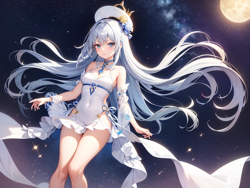 HairstyleとHair Color:
Hairstyle: long、Flowing blue hair。With silver highlights、Shining like moonlight。Hair is light and swaying in the wind。
Hair Color: Blue and silver gradation、Shining like moonlightがある。
Eye Design:
Eye color: In deep purple、There's a sparkle like stars in your eyes。まつ毛がlong、Mystical impressions。
Clothing and decoration:
tops: Lightweight chiffon blouse、Light pastel colors and floral patterns。Design that exposes shoulders and back a little。
Bottoms: A long skirt made of lightweight material。Flowing design that sways in the wind。
accessories: Moon and star motif jewelry。Star-shaped earringoon pendant around neck。Simple and elegant。
hat: Wide straw hat。Decorated with ribbons and stars。
Sandals: Lightweight and simple design。
Physical buildとposture:
Physical build: Slim and elegant、The figure is delicately feminine。Overall an elegant look。
posture: 自然で落ち着いたposture。Standing gracefully、Or walking lightly。
background:
A place rich in nature、A place where the starry sky and moonlight shine in。A little bit fantastical、Drawn to bring out the charm of Lunaris.。