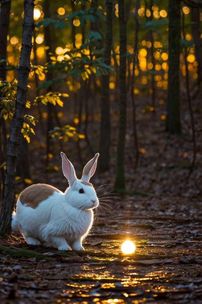 Lapin dans la forêt humide avec un beau coucher du soleil 