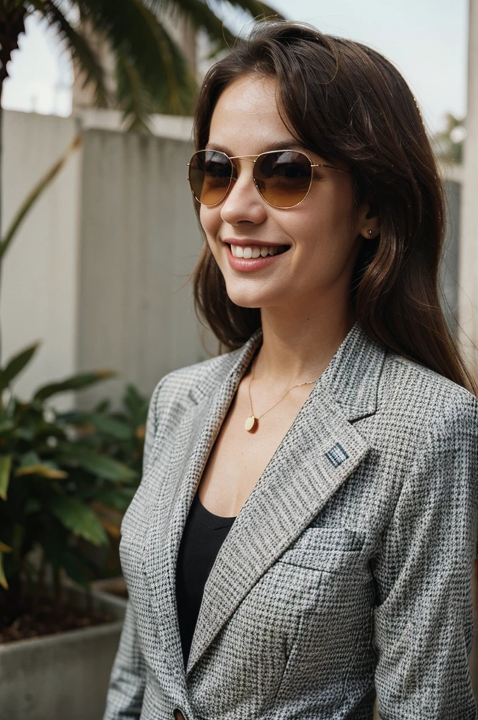 girl, business suit, 1980s, vintage oval sunglasses, swag, smiling,ultra-detailed
