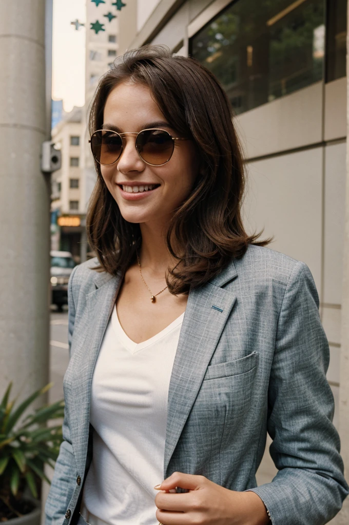 girl, business suit, 1980s, vintage oval sunglasses, swag, smiling,ultra-detailed