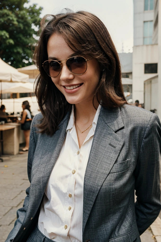girl, business suit, 1980s, vintage oval sunglasses, swag, smiling,ultra-detailed
