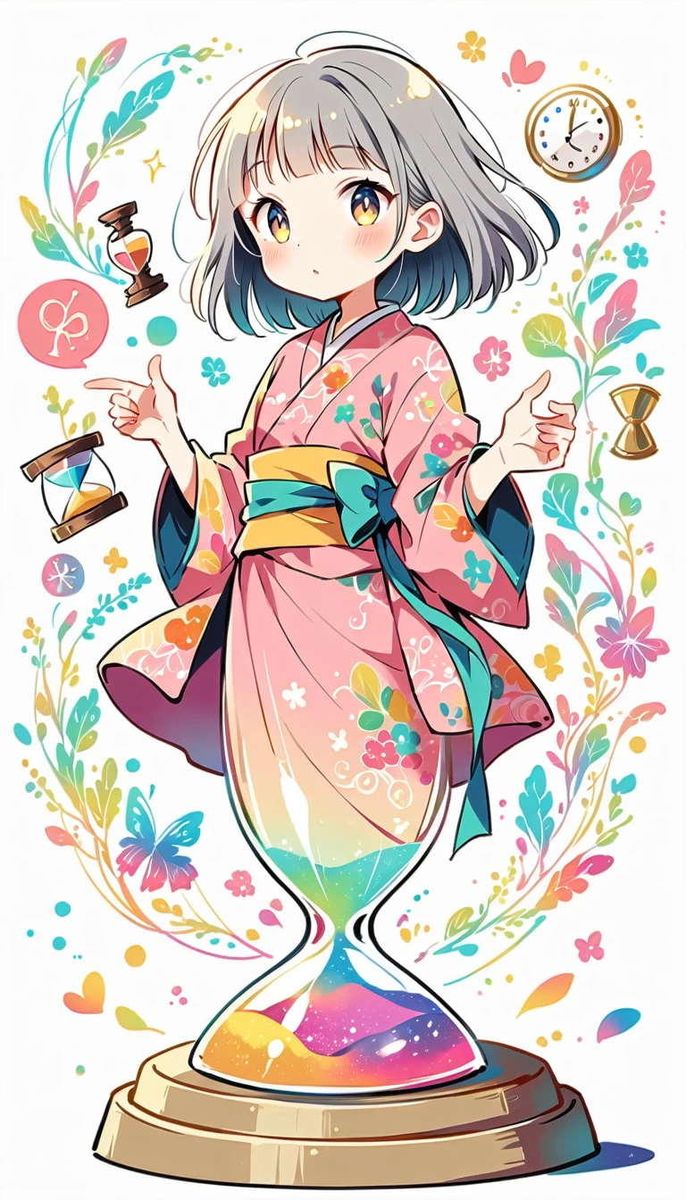 white background, Fujichoco style, pink kimono, (((The Most Beautiful Girl))), gray hair, shining pupils, ((hourglass)), vivid colors, white background, simple background, full body, Simple line initialism,