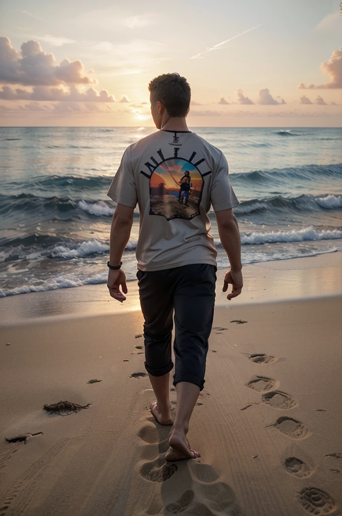 A handsome man wearing a t-shirt with a picture of Naruto is walking on the beach with a very beautiful view of the sunset,
Realistic,3d