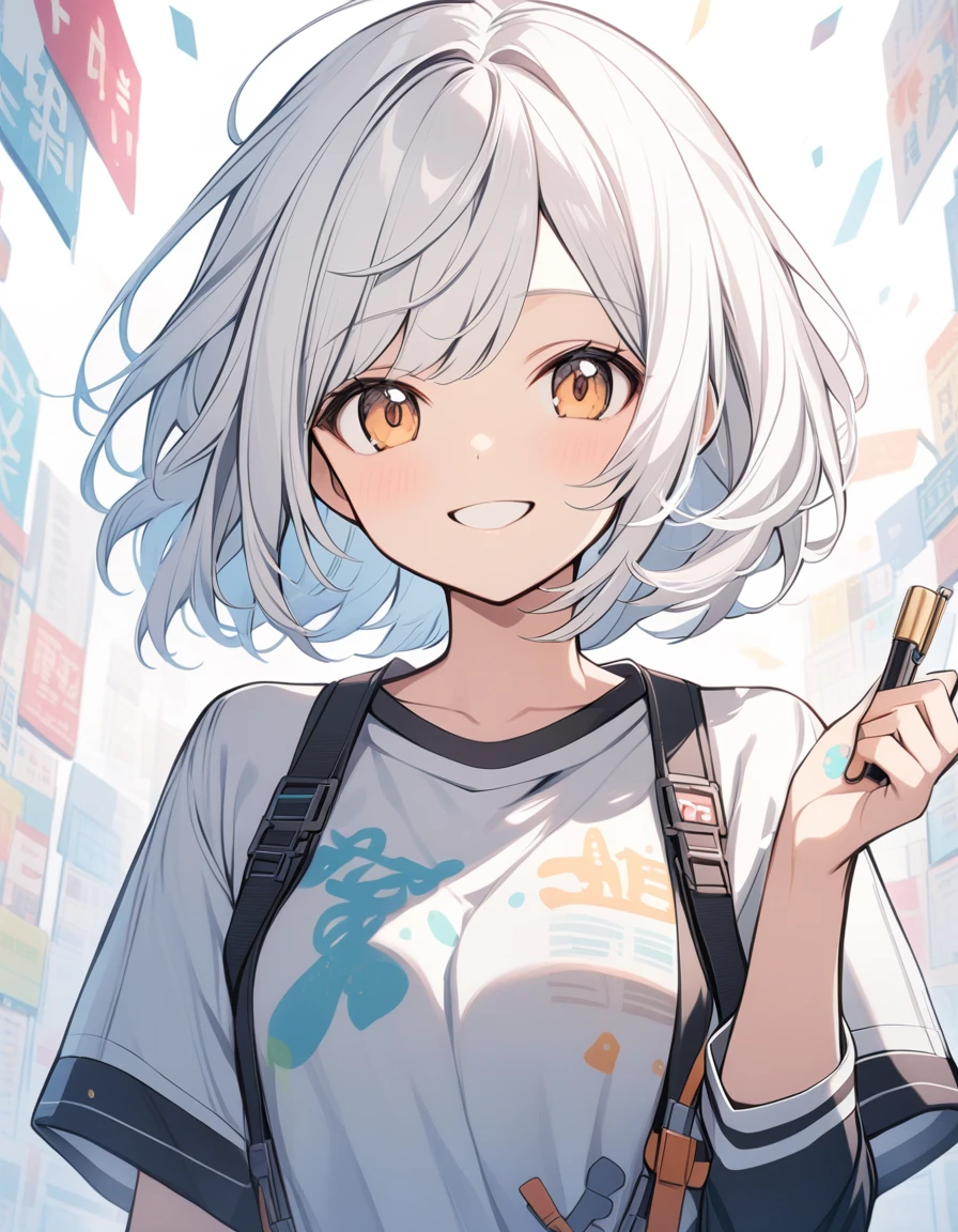girl,short hair,White Hair,Detailed writing,smile,cute,smile,Upper Body,hand