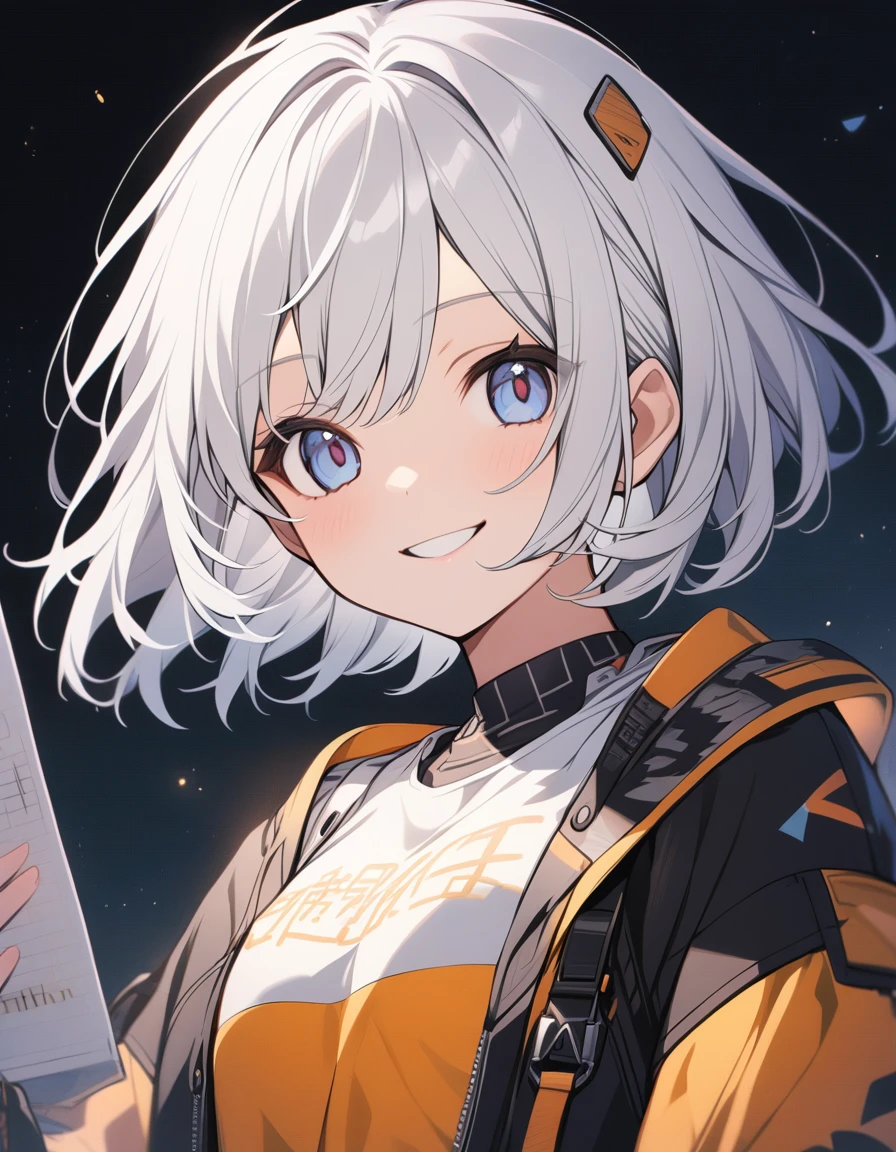 girl,short hair,White Hair,Detailed writing,smile,cute,smile,Upper Body,hand
