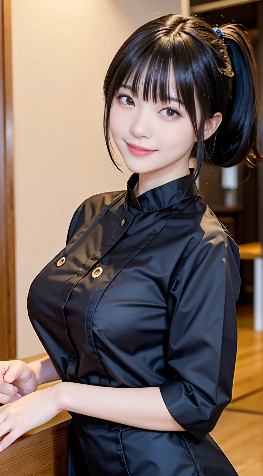 (Highest quality,masterpiece:1.3,Ultra-high resolution,),(Very detailed,Caustics),(Realistic:1.4,RAW shooting,)Ultra-Realistic Capture,Very detailed,High resolution 16K human skin closeup。 Natural skin texture、,pores、、、、It must be detailed enough to be easily identifiable。 Skin tone is even and healthy looking。 Use natural light and colour,restaurant,Waitress Uniform,1 girl,Japanese,18-year-old,cute,Black-haired,ponytail,Big Breasts,smile,Turn your body forward,(Front view:1.1),Looking into the camera,Cowboy Shot,