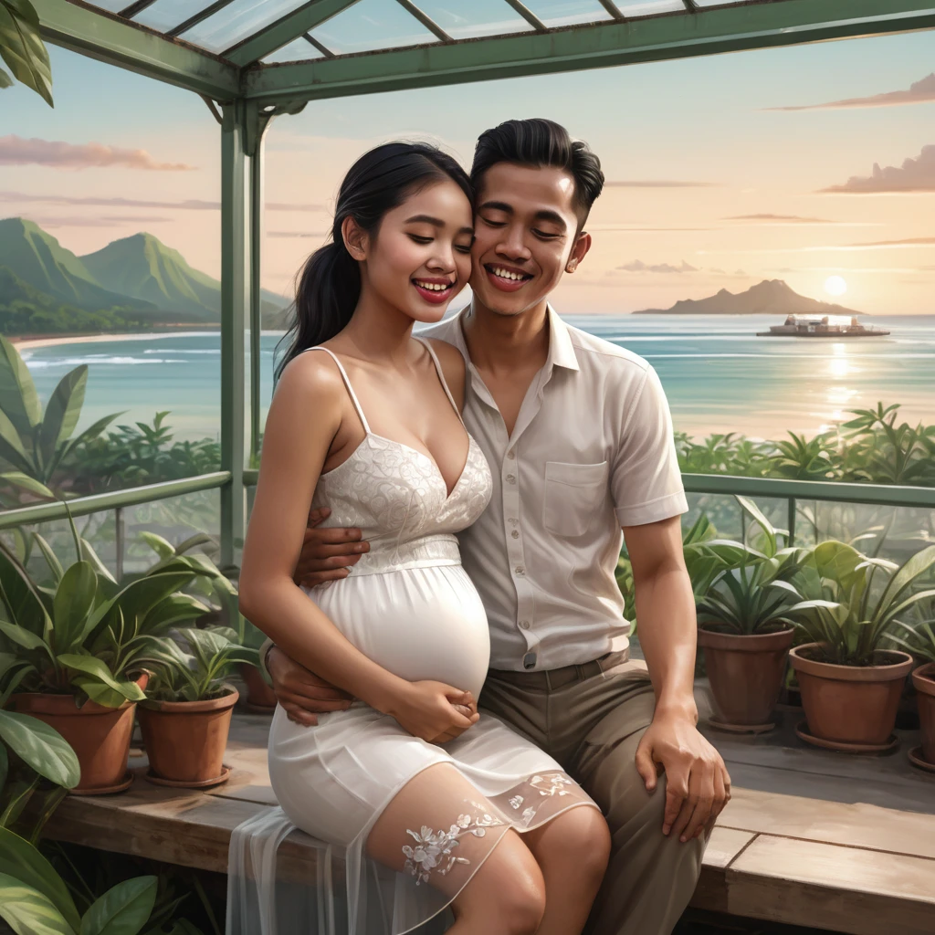 Realistic 5D caricature . a 20 year old Indonesian woman wearing a transparent white dress, mini skirt, updo hairstyle, (the girl bites her lower lip while closing her eyes) is breastfeeding a man who is on her lap, hugging him intimately, a warm romantic hug, in a greenhouse, outside you can see the beach  , evening.