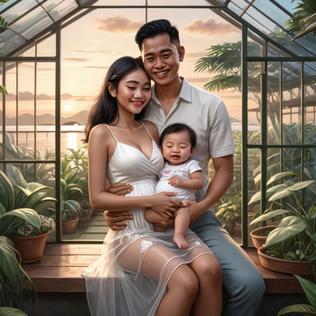 Realistic 5D caricature . a 20 year old Indonesian woman wearing a transparent white dress, mini skirt, updo hairstyle, (the girl bites her lower lip while closing her eyes) is breastfeeding a man who is on her lap, hugging him intimately, a warm romantic hug, in a greenhouse, outside you can see the beach  , evening.