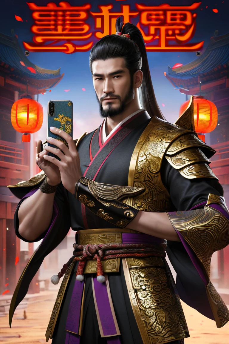 oriental-like、a adult man wearing ancient Chinese armor、Yuanyou Guan (Yuanyouguan), ancient chinese hairstyle、 (((holding the phone and show the screen to the viewer))), three kingdoms、top-quality、masterpiece、超A high resolution、(Photorealsitic:1.4)、Game Posters、Black clothes、long beard, inspired by caocao