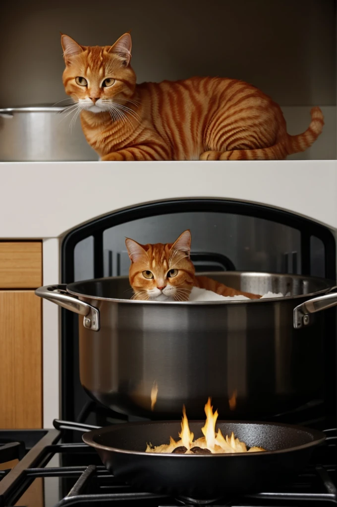 A ginger cat peeks out of a pan on the stove