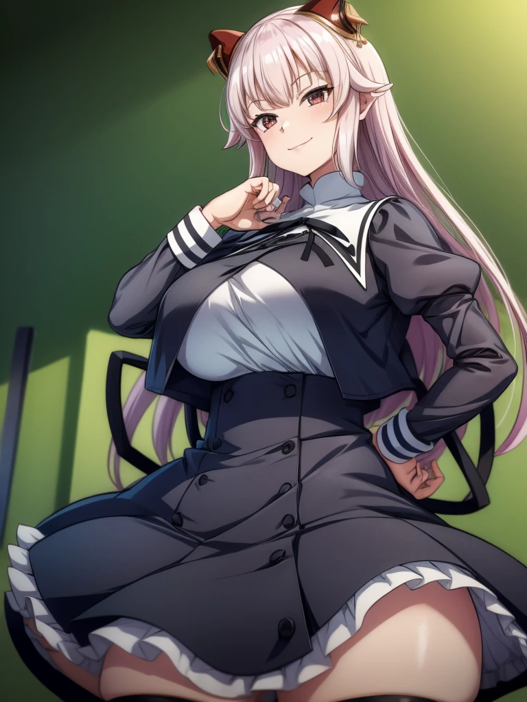 Top quality, masterpiece, beautiful face, fine eyes, fine skin, fine face, 
ArayaEndo, long hair, hairpods, black neck ribbon, yurigaoka girls academy , cropped jacket, juliet sleeves, black skirt, high-waist skirt, black thighhighs, (rnaughty smile),  huge breasts, curvaceous, tight waist,  (claw pose:1.5)