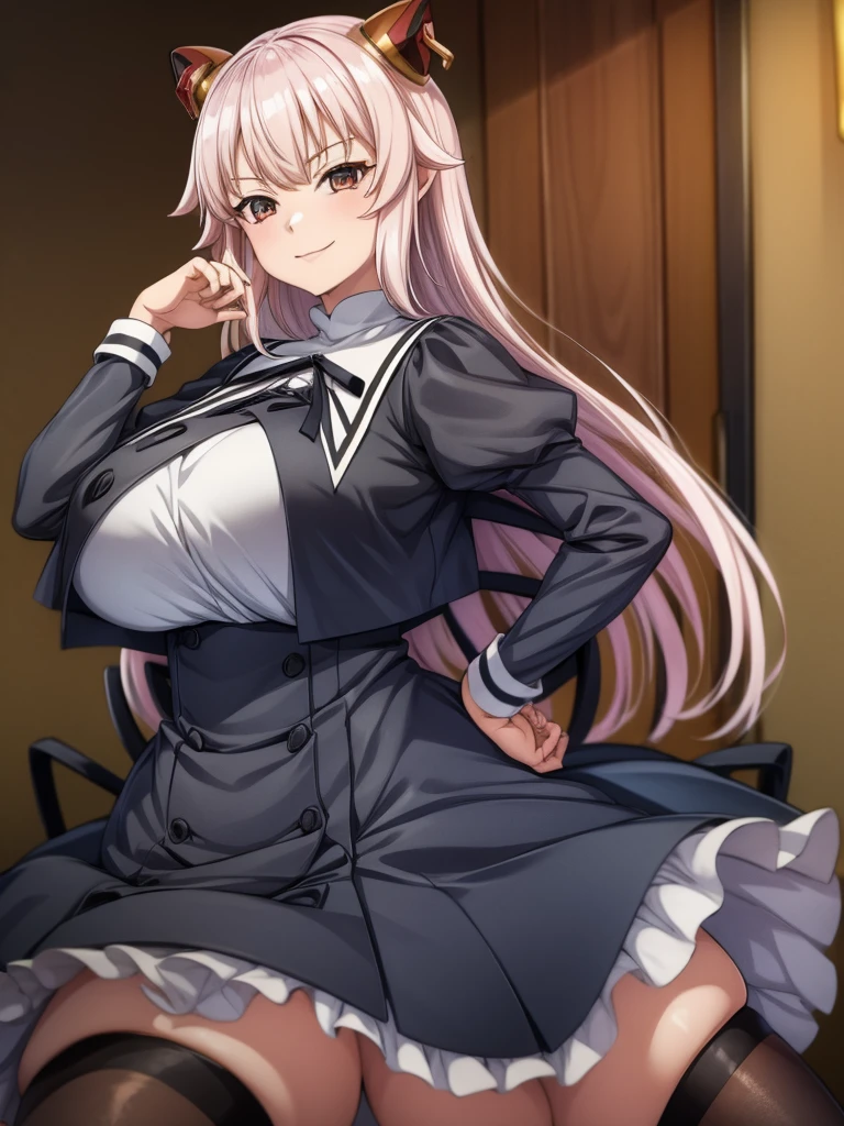 Top quality, masterpiece, beautiful face, fine eyes, fine skin, fine face, 
ArayaEndo, long hair, hairpods, black neck ribbon, yurigaoka girls academy , cropped jacket, juliet sleeves, black skirt, high-waist skirt, black thighhighs, (rnaughty smile),  huge breasts, curvaceous, tight waist,  (claw pose:1.5)