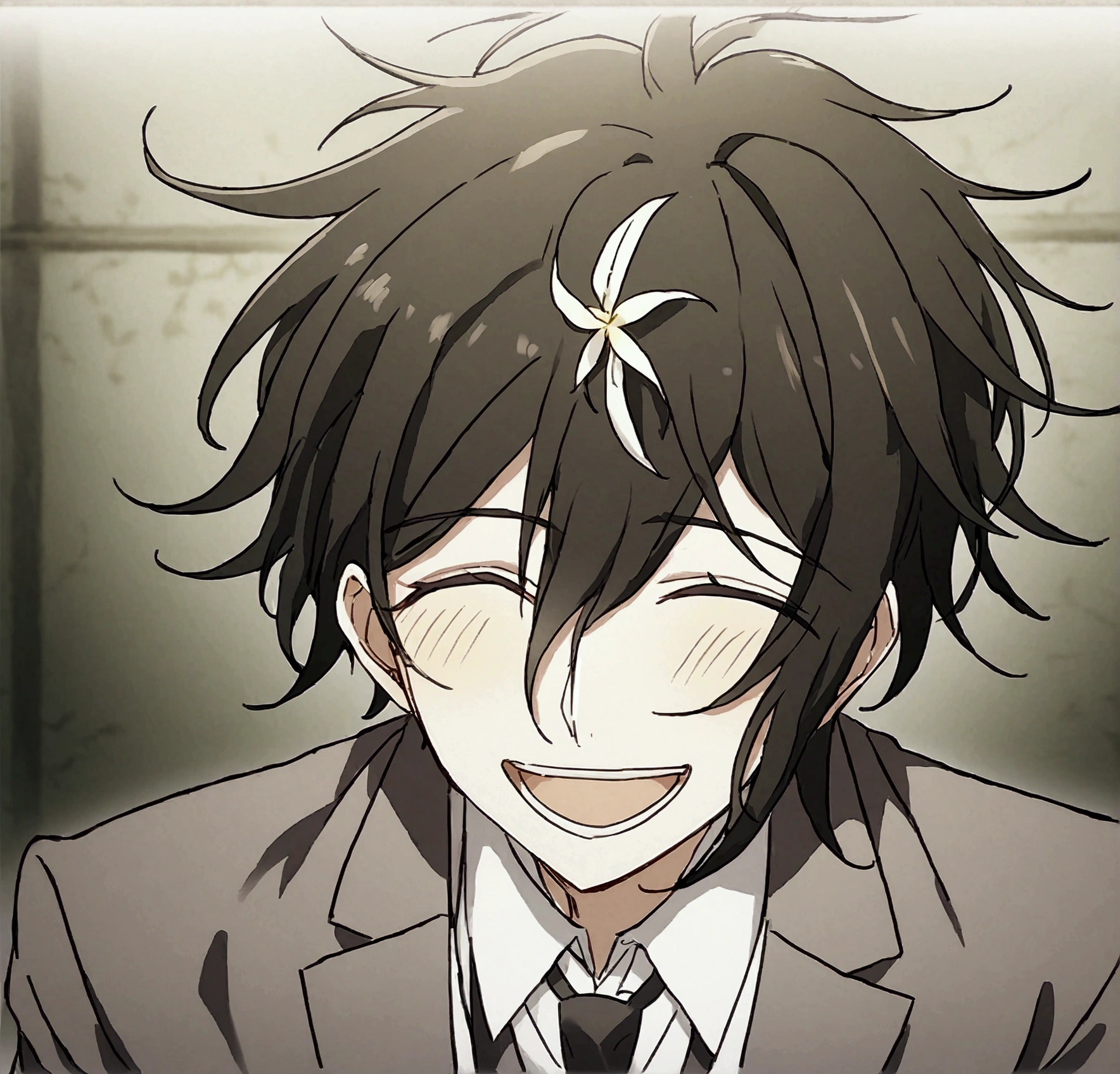 Anime male, green heart eye iris, black fluffy messy hair, green suit, peaceful aura, peaceful tint, peaceful background, happy smile, laughing, black tie, white men dress, white flower on hair, eyes open