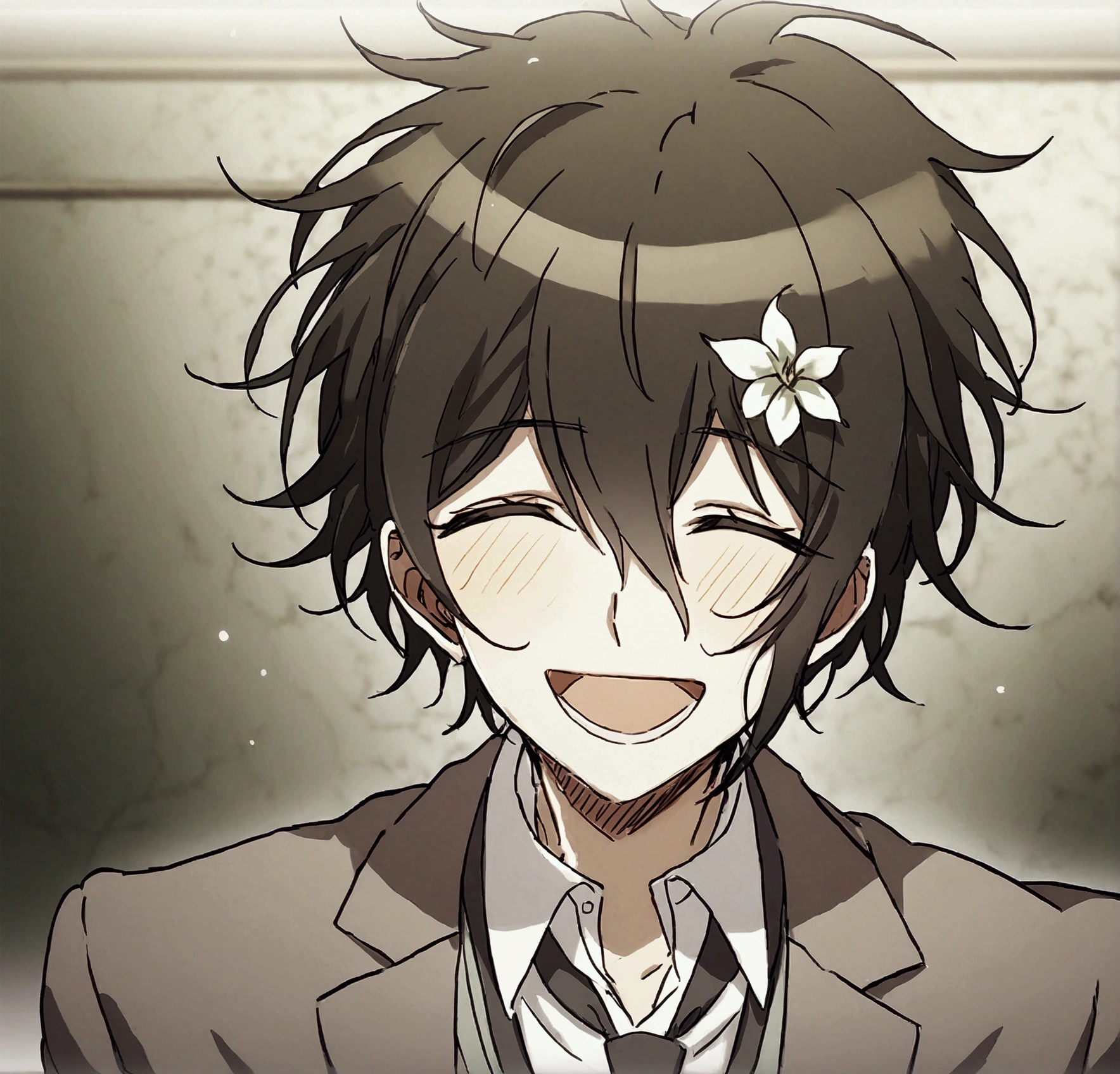 Anime male, green heart eye iris, black fluffy messy hair, green suit, peaceful aura, peaceful tint, peaceful background, happy smile, laughing, black tie, white men dress, white flower on hair, eyes open