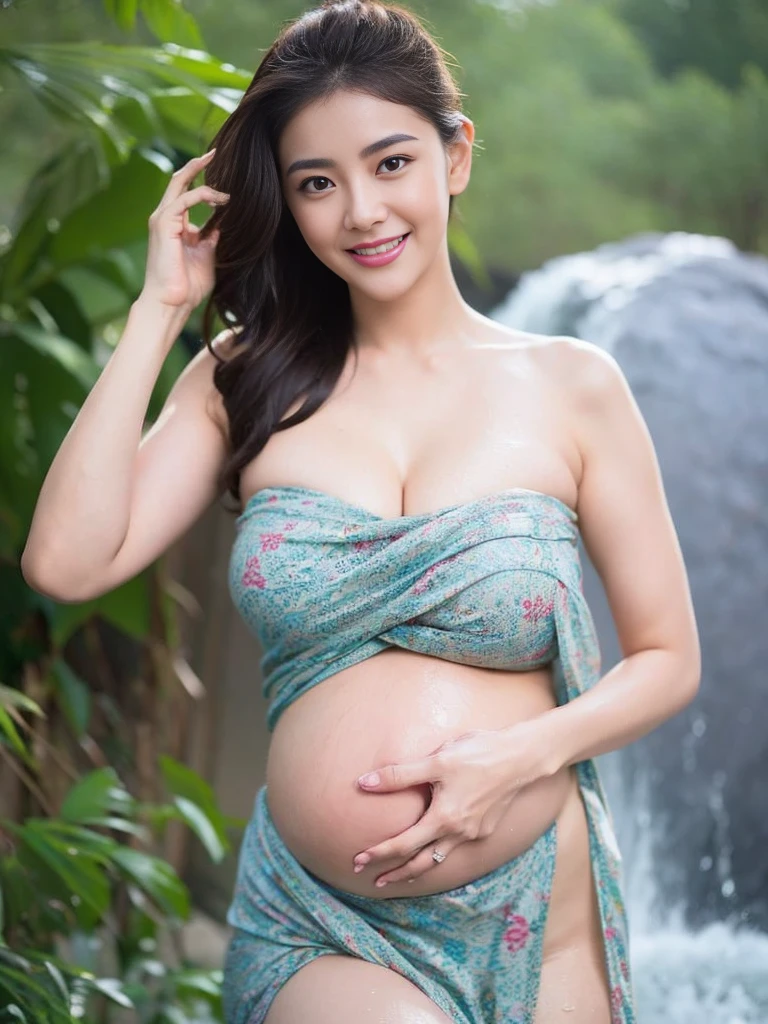 Cute girl pregnant wearing sarong dress with seducing pose, big smile, happy, bustling, ((whole body)) turning away facial at viewer, closeup, heavy mountains, misty, fog, woman standing in the waterfall, wet body, wet clothes, wet skin, beauty skin, huge breast:1.5, thick thighs bright lighting, big round ass, cute face, slim abs, 35mm lens, Extreme close-up, depth of field cinematography effect, romantic film genre, 8k resolution, high quality, ultra detail