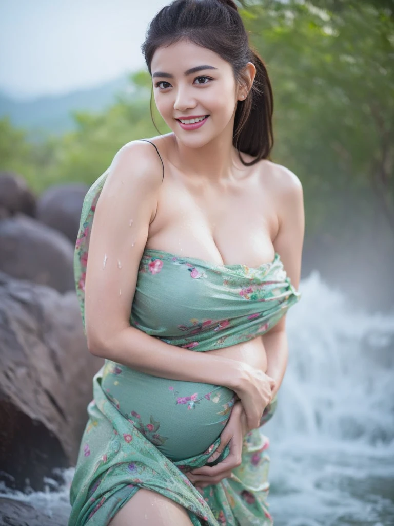 Cute girl pregnant wearing sarong dress with seducing pose, big smile, happy, bustling, ((whole body)) turning away facial at viewer, closeup, heavy mountains, misty, fog, woman standing in the waterfall, wet body, wet clothes, wet skin, beauty skin, huge breast:1.5, thick thighs bright lighting, big round ass, cute face, slim abs, 35mm lens, Extreme close-up, depth of field cinematography effect, romantic film genre, 8k resolution, high quality, ultra detail