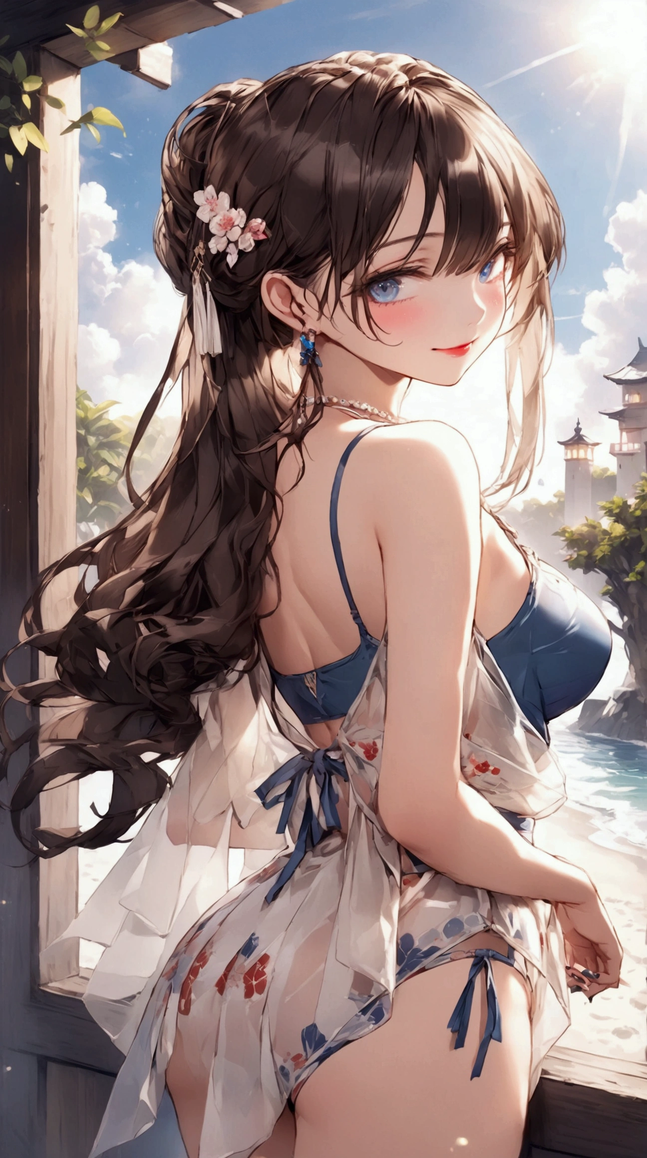 ((masterpiece, Highest quality)),Best aesthetics,One Girl, （A luxury resort hotel overlooking the summer sky）　（Hotel Observatory）　（Standing elegantly on the hotel beach）　（立ち姿のFull body portrait）（Full body portrait）（Beach view from the window）Graceful pose　Lewd face　Graceful pose　Captivating look　A look of contempt　A look of contempt　Sexy Body　Clear Eyes　Round eyes　　office lady　Japanese women　Manga illustration　Beautiful and firm breasts　Beautiful E Cup Breasts　the body is slim　Highest quality　4K Chignon Hairstyle　Hair tied up　Medium Long Hair　（light brown brand）　hair ornaments　necklace　Attractive sandals　Seductive pose　garter belt　Earrings　（She is wearing a sexy white lace floral dress）　Sexy see-through white floral lace bra,White see-through thong with obscene embroidery　Sensual beige stockings with floral print　　 (Attractive 30 year old Japanese widow,）High heels　flashy necklace　Finer details　Beautiful anime illustrations　Beautiful Face　alone　High resolution, One Girl, Highest quality, Attention to detail, Slightly parted lips　Seductive red lips　Professional, Vibrant colors, Perfect ???????, ideal facial features, Ideal Professional Portion Diagram, Perfectly beautiful body, Highly detailed skin, Glowing Skin, Glowing Skin, Cleavage, Captivating smile)),Miss Soapland　Mature hot body　Sparkle Effect, Anime Style, photograph, Attractive nail art　A sophisticated gravure idol　Young Sensual Gravure Idol　Gorgeous Japanese Model　From the back　Buckshot　Turn around seductively　Silky smooth white skin　（Accentuate your butt）Hanging on to a tree on the beach