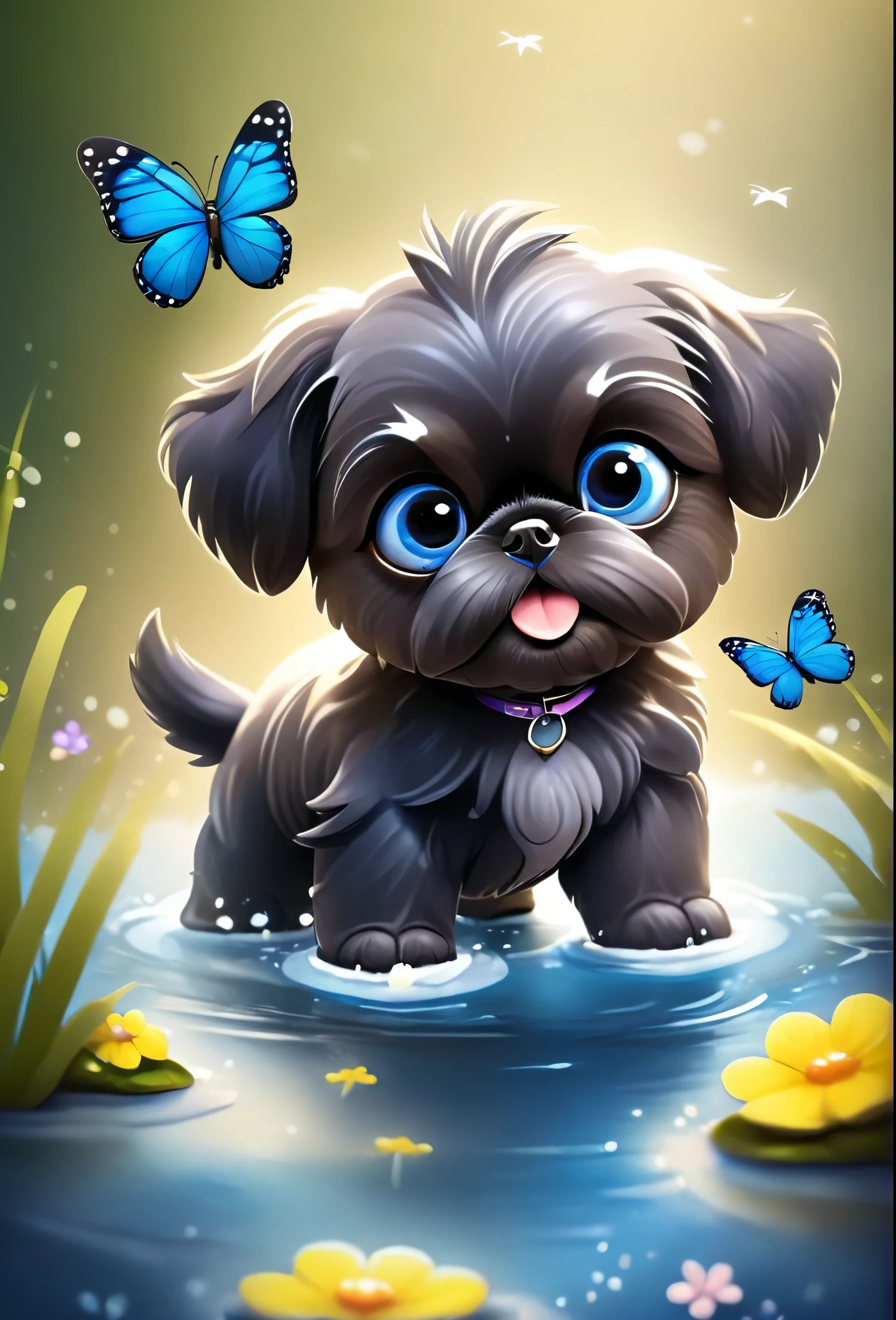 2 adorable very small very black Shih Tzu puppies with big bright blue eyes,extremely detailed eyes and face,longeyelashes,wearing blue collars and sunglasses,playing in creek,butterflies and flowers in background,3D Pixar style,photorealistic,masterpiece,vibrant colors,studio lighting,ultra-detailed,sharp focus,physically-based rendering,professional