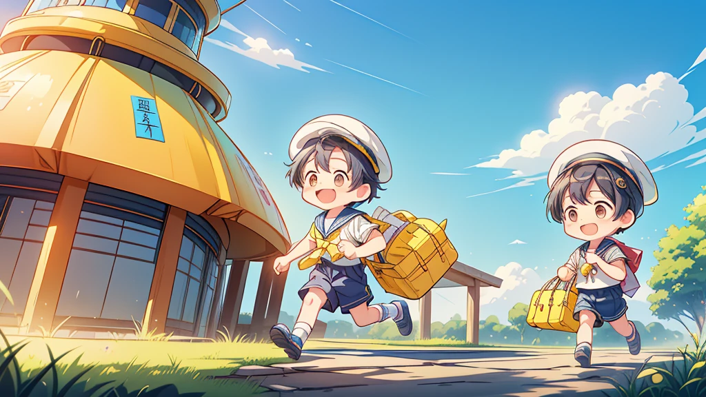 Chibi no Boy、(((Highest quality、Masterpiece、Official Art、The best dynamic composition)))、Anime Style、Very detailed、8K high resolution、Laughing energetically and happily on the kindergarten grounds、The boy is carrying a rectangular yellow bag over his shoulder.、Navy blue sailor suit and navy blue shorts、White socks、Diamond Hat、