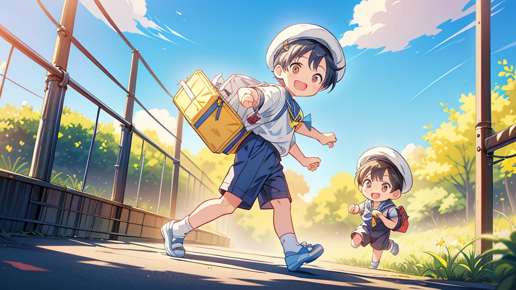 Chibi no Boy、(((Highest quality、Masterpiece、Official Art、The best dynamic composition)))、Anime Style、Very detailed、8K high resolution、Laughing energetically and happily on the kindergarten grounds、The boy is carrying a rectangular yellow bag over his shoulder.、Navy blue sailor suit and navy blue shorts、White socks、Diamond Hat、