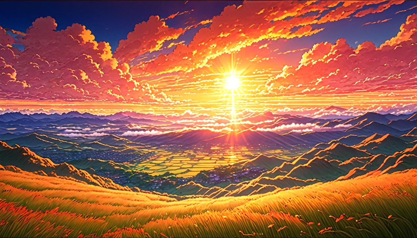high quality, 8K Ultra HD. This image is、Grassy hills, Against the backdrop of vibrant blue skies and the red and orange hues of the sun. Light of the sun, 4k anime art wallpaper, Digital Art by Shen Che-tsai, pexels, Fantastic realism, among sunlit Clouds of heaven, Clouds of heaven, Beautiful sky, Sunset in the clouds, Golden clouds, Dazzling sky, Dazzling Clouds, Spectacular Clouds, Bright clouds, Sunset clouds, Sky on Earth, Golden Heavenly Light, 4k anime art wallpaper, Anime Background, 8K Anime Art Wallpapers, art wallpaper anime, anime landscape wallpapers, Awesome Wallpapers, high qualityの壁紙の定義, 4k anime wallpaper, 4k anime wallpaper,