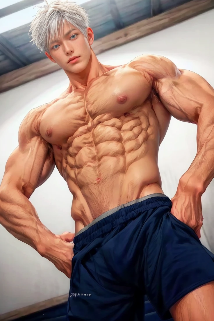 1boy, adult, handsome, perfect face, detailed eyes and face, clean shaved, muscular, capturing a rural atmosphere, dynamic lighting, unreal engine 5, hd picture, satoru gojo, white hair, short hair ,hair between eyes ,blue eyes, white skin, pink , milk nipplels