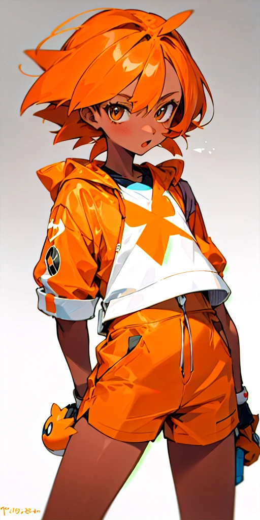 20 Year old girl, orange straight hair, tan skin, normal type pokemon trainer, Pokemon trainer outfit, warm and kind