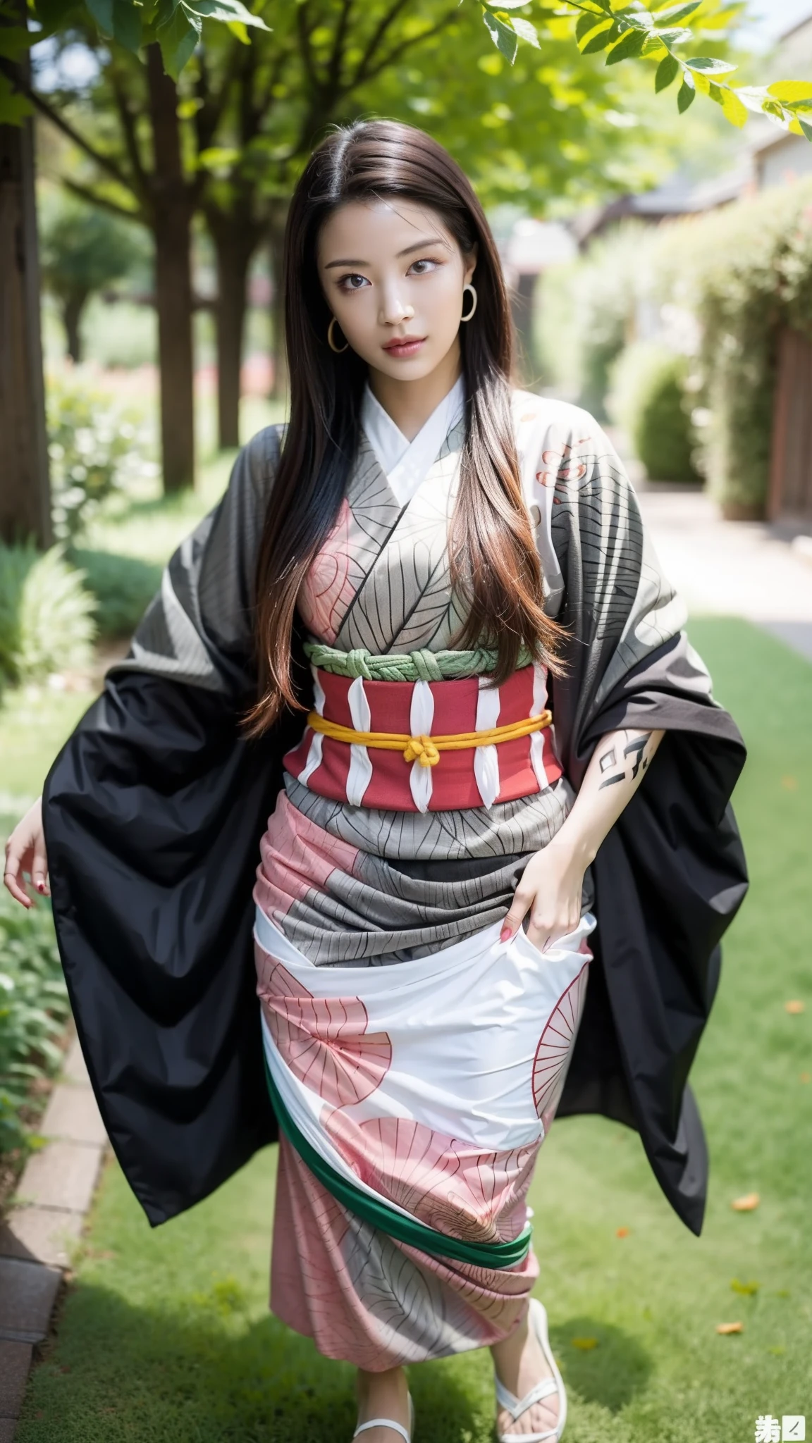 Female, (), (Very cute face), Moist skin, (Pink and bright eyes), (Full body: 1.4),
BREAK,
(Very beautiful warrior: 1.3), (Kicking: 1.3),
BREAK,
Earrings, Short length, (Black grass tattoo on body: 1.3), (Full body: 1.4),
BREAK,
(Cute kimono: 1.2), (Black haori: 1.2),
BREAK,
(Super long hair), (Light gray hair: 1.2), (Gradient hair: 1.3), (Red tips: 1.3),
BREAK,
(Realistic: 1.3), Masterpiece, Perfect lighting, (Ultra high resolution), (8K), (Highly detailed: 1.4), (Full body: 1.4), (Symmetrical: 1.2), (One shot),
BREAK,
(Japanese city: 1.2),
BREAK,
(Demon Slayer: 1.4), (Hirose Suzu: 1.3), (Kamado Nezuko),