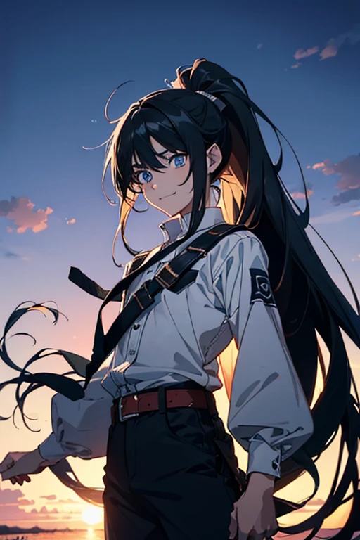 Gaze, Very long hair, Anatomically correct, Very long hair, ponytail, anime, Cowboy Shot, 8years old, boy, High resolution, falling, jumping, black hair, Simple Background, blue eyes, Upside down, Gaze, Open your mouth, smile, look up, Widescreen, Backlight, 