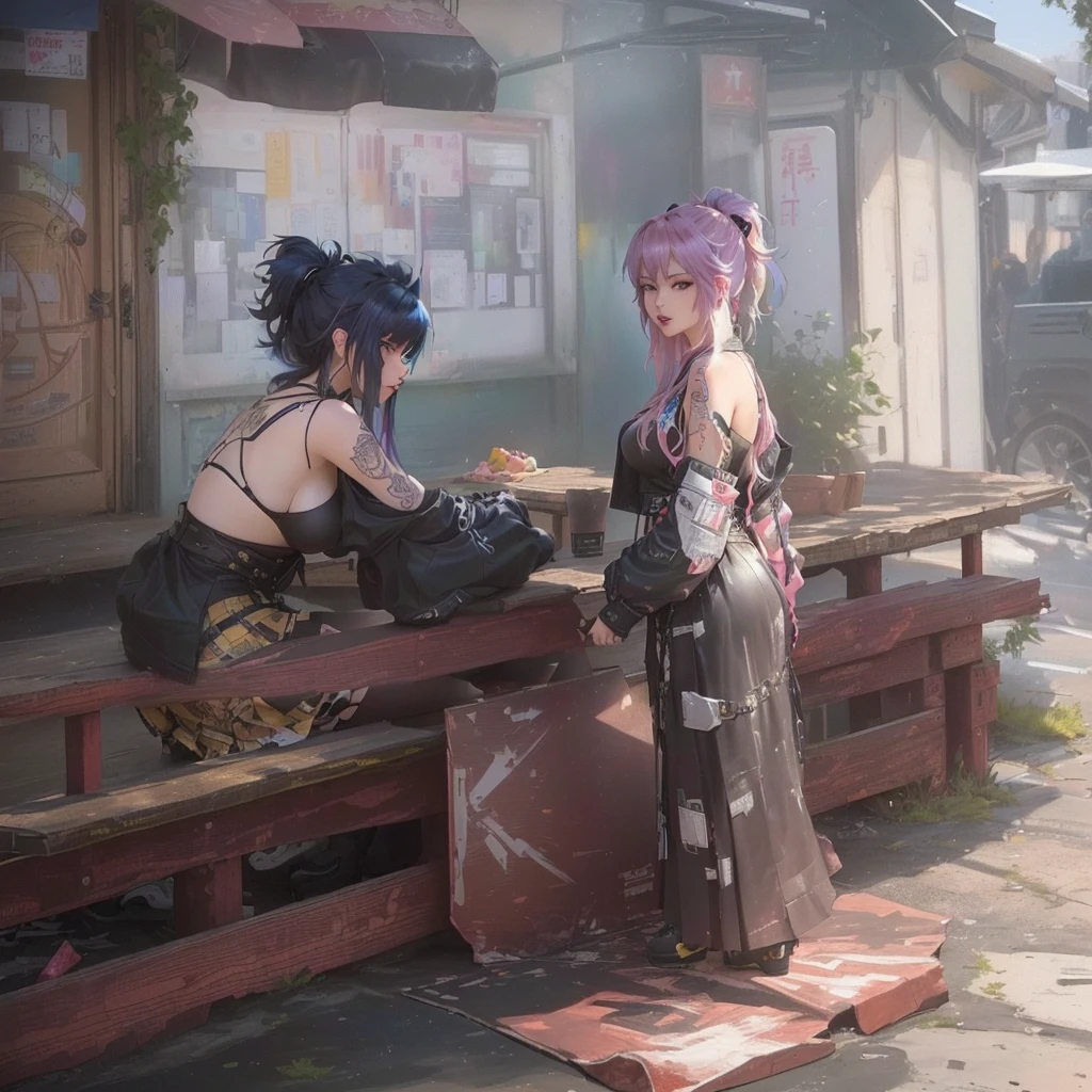 Animated scene of two women sitting on a bench in front of a building, Gwaiz, artwork in the style of Gwaiz, WLOP and Sakimi-chan, Gwaiz on pixiv artstation, Gwaiz on artstation pixiv, Gwaiz masterpiece, by Shimo, 2. 5 d cgi アニメ ファンタジー アートワークA 17-year-old Japanese girl with vibrant hair colors, long hair, daring hair styling, slender figure, plump cheeks. She embodies the punk rock aesthetic, dressed like a punk rocker with bold attire, large sunglasses, a defiant expression. She stands at 170 centimeters tall, weighs 30 kilograms, wears long boots, with her thighs visible under a red pleated skirt. Adorned with numerous silver accessories. Depict with distinct outlines, using colors other than black for the outlines, using colorful hues for the outlines. She's into girls' rock, punk, Electric guitar, vibrant colors, stages, and backed by a band. An underground clubhouse with colorful lighting amidst the darkness. Colorful candies resembling mountains of treats are plentiful, strewn all around. A tall, well-built man with blonde hair is present, adorned with tattoos, a nose piercing, and a split tongue.