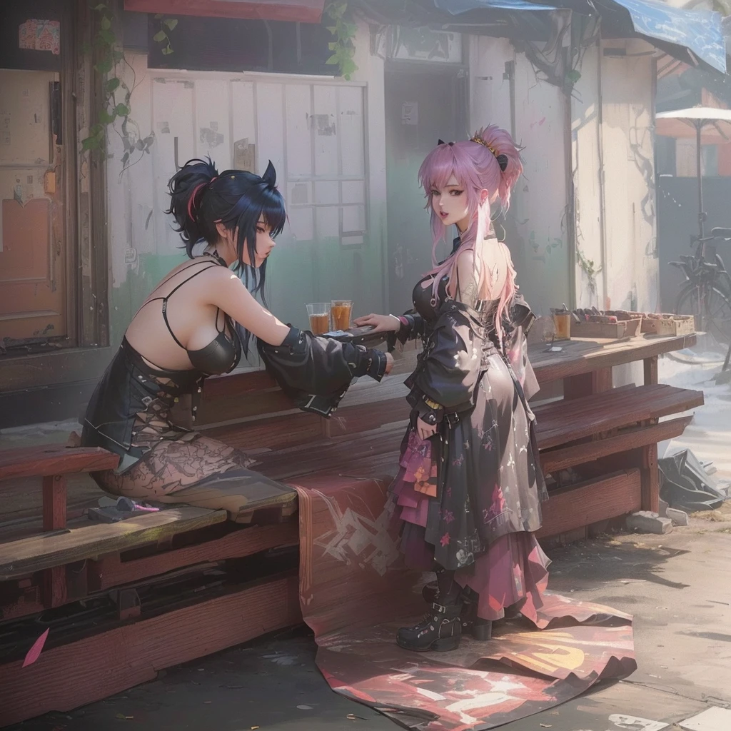 Animated scene of two women sitting on a bench in front of a building, Gwaiz, artwork in the style of Gwaiz, WLOP and Sakimi-chan, Gwaiz on pixiv artstation, Gwaiz on artstation pixiv, Gwaiz masterpiece, by Shimo, 2. 5 d cgi アニメ ファンタジー アートワークA -yeld Jaese girl with vibrant hair colors, long hair, daring hair styling, slender figure, plump cheeks. She embodies the punk rock aesthetic, dressed like a punk rocker with bold attire, large sunglasses, a defiant expression. She stands at 170 centimeters tall, weighs 30 kilograms, wears long boots, with her thighs visible under a red pleated skirt. Adorned with numerous silver accessories. Depict with distinct outlines, using colors other than black for the outlines, using colorful hues for the outlines. She's into girls' rock, punk, Electric guitar, vibrant colors, stages, and backed by a band. An underground clubhouse with colorful lighting amidst the darkness. Colorful candies resembling mountains of treats are plentiful, strewn all around. A tall, well-built man with blonde hair is present, adorned with tattoos, a nose piercing, and a split tongue.