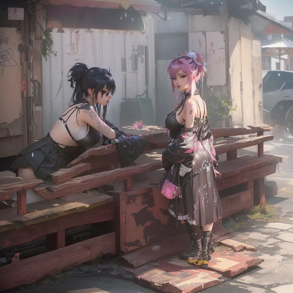 Animated scene of two women sitting on a bench in front of a building, Gwaiz, artwork in the style of Gwaiz, WLOP and Sakimi-chan, Gwaiz on pixiv artstation, Gwaiz on artstation pixiv, Gwaiz masterpiece, by Shimo, 2. 5 d cgi アニメ ファンタジー アートワークA 17-year-old Japanese girl with vibrant hair colors, long hair, daring hair styling, slender figure, plump cheeks. She embodies the punk rock aesthetic, dressed like a punk rocker with bold attire, large sunglasses, a defiant expression. She stands at 170 centimeters tall, weighs 30 kilograms, wears long boots, with her thighs visible under a red pleated skirt. Adorned with numerous silver accessories. Depict with distinct outlines, using colors other than black for the outlines, using colorful hues for the outlines. She's into girls' rock, punk, Electric guitar, vibrant colors, stages, and backed by a band. An underground clubhouse with colorful lighting amidst the darkness. Colorful candies resembling mountains of treats are plentiful, strewn all around. A tall, well-built man with blonde hair is present, adorned with tattoos, a nose piercing, and a split tongue.