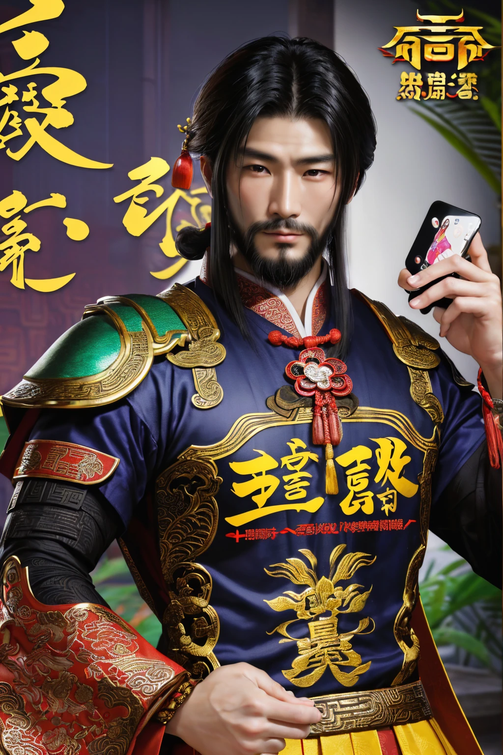 oriental-like、a adult man wearing ancient Chinese armor、Yuanyou Guan (Yuanyouguan), ancient chinese hairstyle、 (((holding the phone and show the screen to the viewer))), three kingdoms、top-quality、​masterpiece、超A high resolution、(Photorealsitic:1.4)、Game Posters、Black clothes、long beard, inspired by caocao