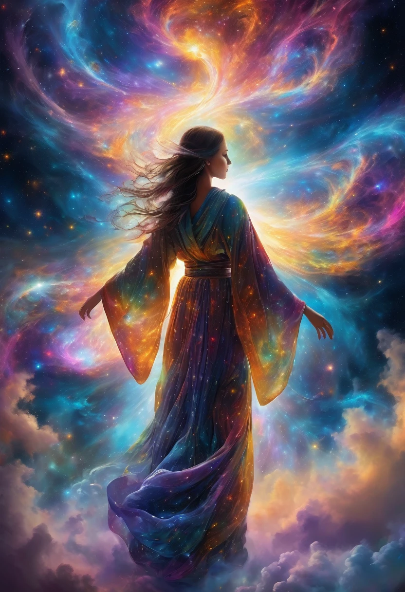 an incredible and spectacular scene of the appearance of a female figure in a delicate robe from a luminous cloud, fractal threads of the nebula, cosmic entities, heavenly, cosmic, vibrating and bright, vortices, swirling, unrealistic, high contrast, symbolism, magical, mystical, mystifying, hyperrealistic, oversaturated, colorful