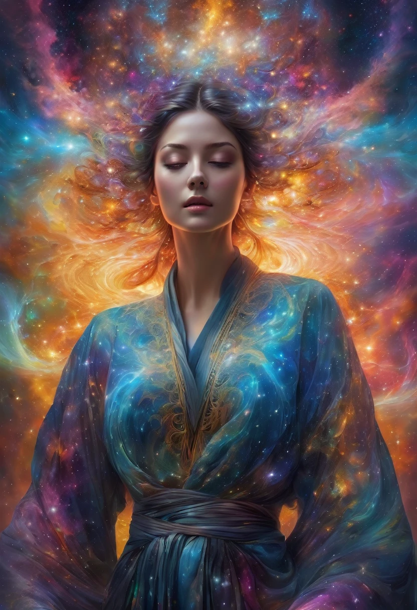 an incredible and spectacular scene of the appearance of a female figure in a delicate robe from a luminous cloud, fractal threads of the nebula, cosmic entities, heavenly, cosmic, vibrating and bright, vortices, swirling, unrealistic, high contrast, symbolism, magical, mystical, mystifying, hyperrealistic, oversaturated, colorful