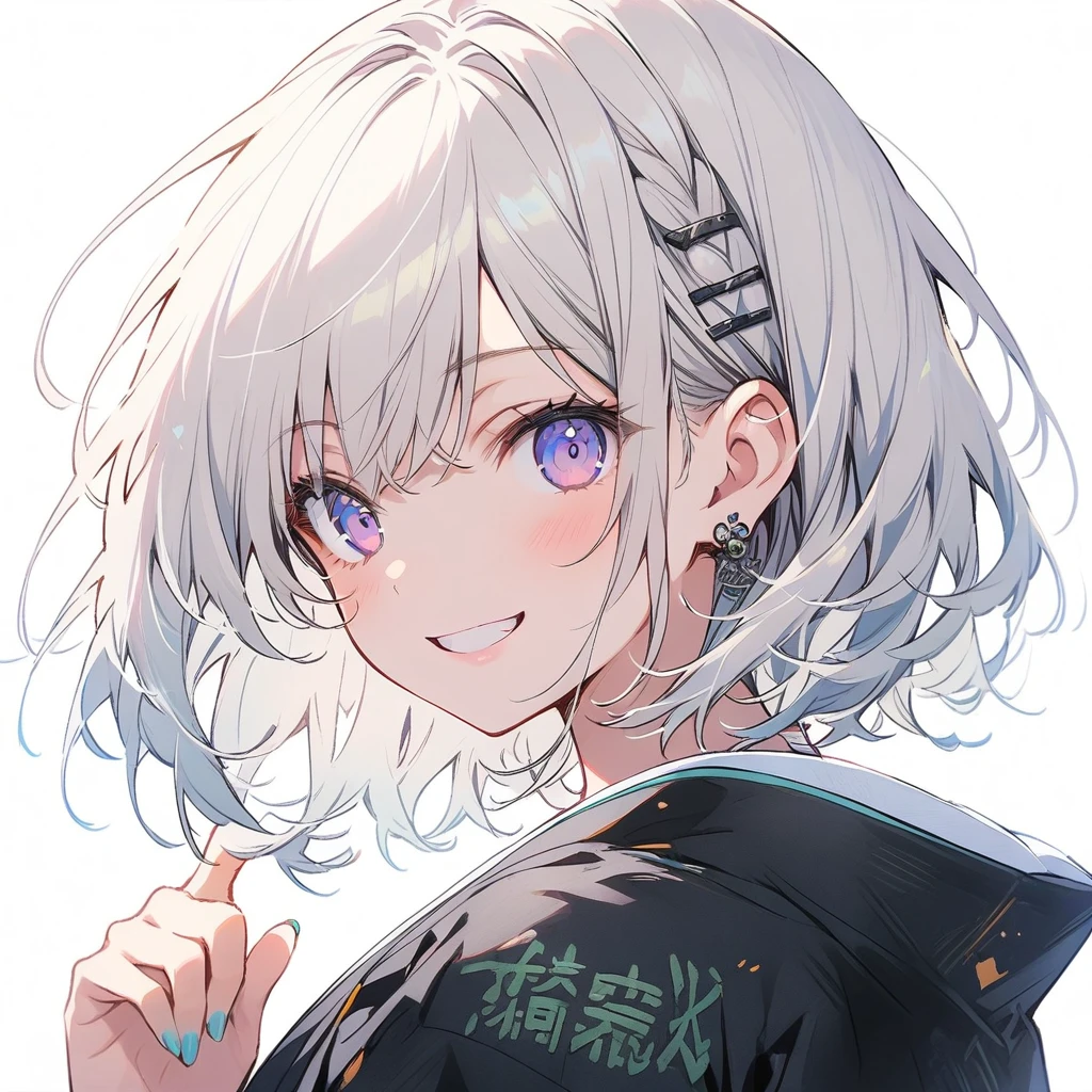 girl,short hair,White Hair,Detailed writing,smile,cute,smile,Upper Body,hand