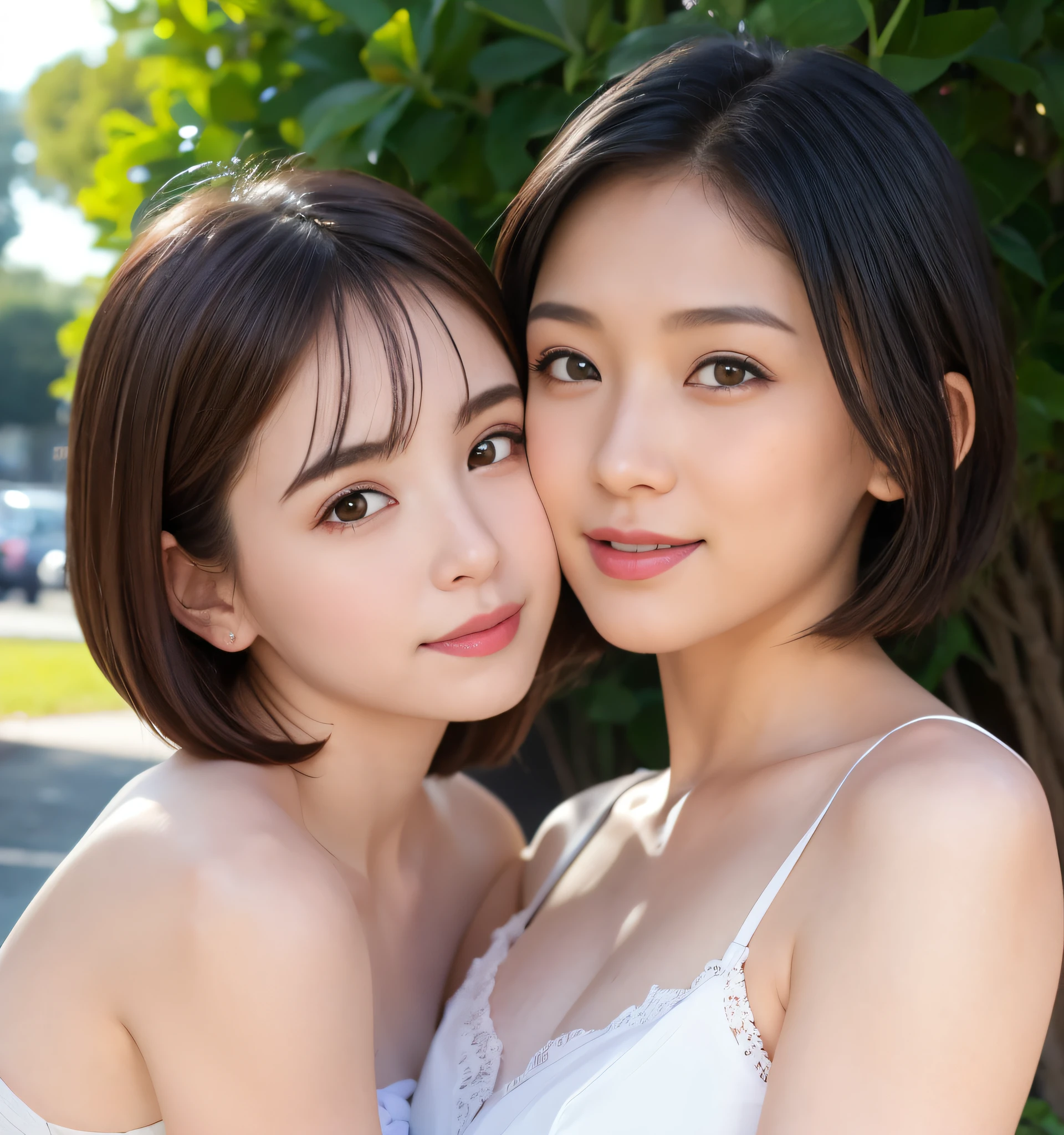 best quality、8K、Best image quality、Professional lighting、Natural light、Ultra-high resolution、Clear photos、Beautiful and delicate skin、No makeup、Thin、very cute３people、baby face、White skin、Short Bob Hairstyle、Brown hair、Beautiful appearance、lie:1.8、love each other３people:1.8、kiss３people:1.8、Embrace each other:1.8、Put your lips on it:1.6、Detailed background、３peopleアイドルグループのメンバー:1.6、Photos from head to knees:1.8
