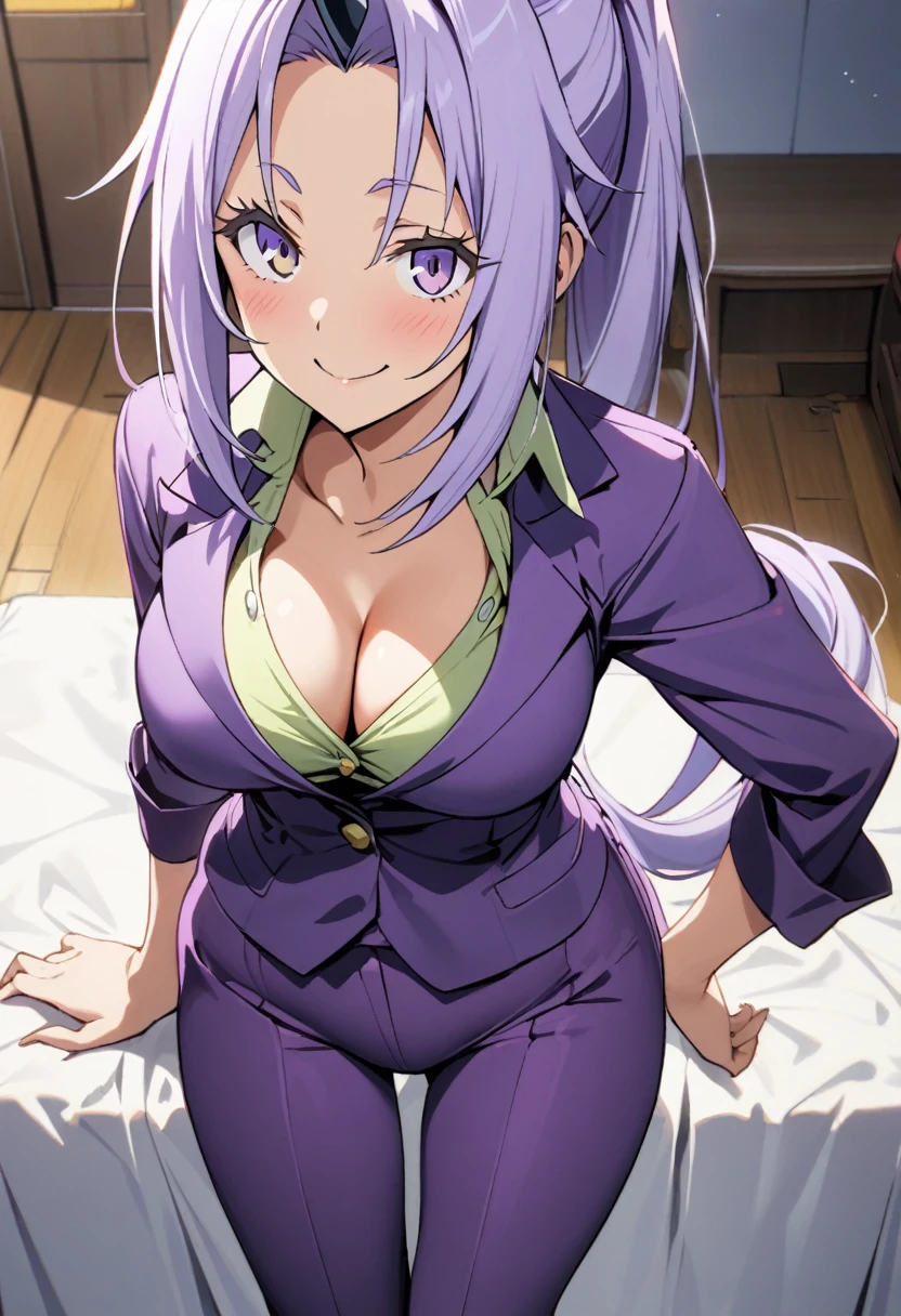 1girl, shion \(tensei shitara slime datta ken\), tensei shitara slime datta ken,One black horn growing out of the forehead,purple hair,pony tail,purple eyes,A purple blazer,green collared shirt,longsleeve,cleavage,purple pants suit,room,smile,confident,masterpiece, best quality, absurdres,