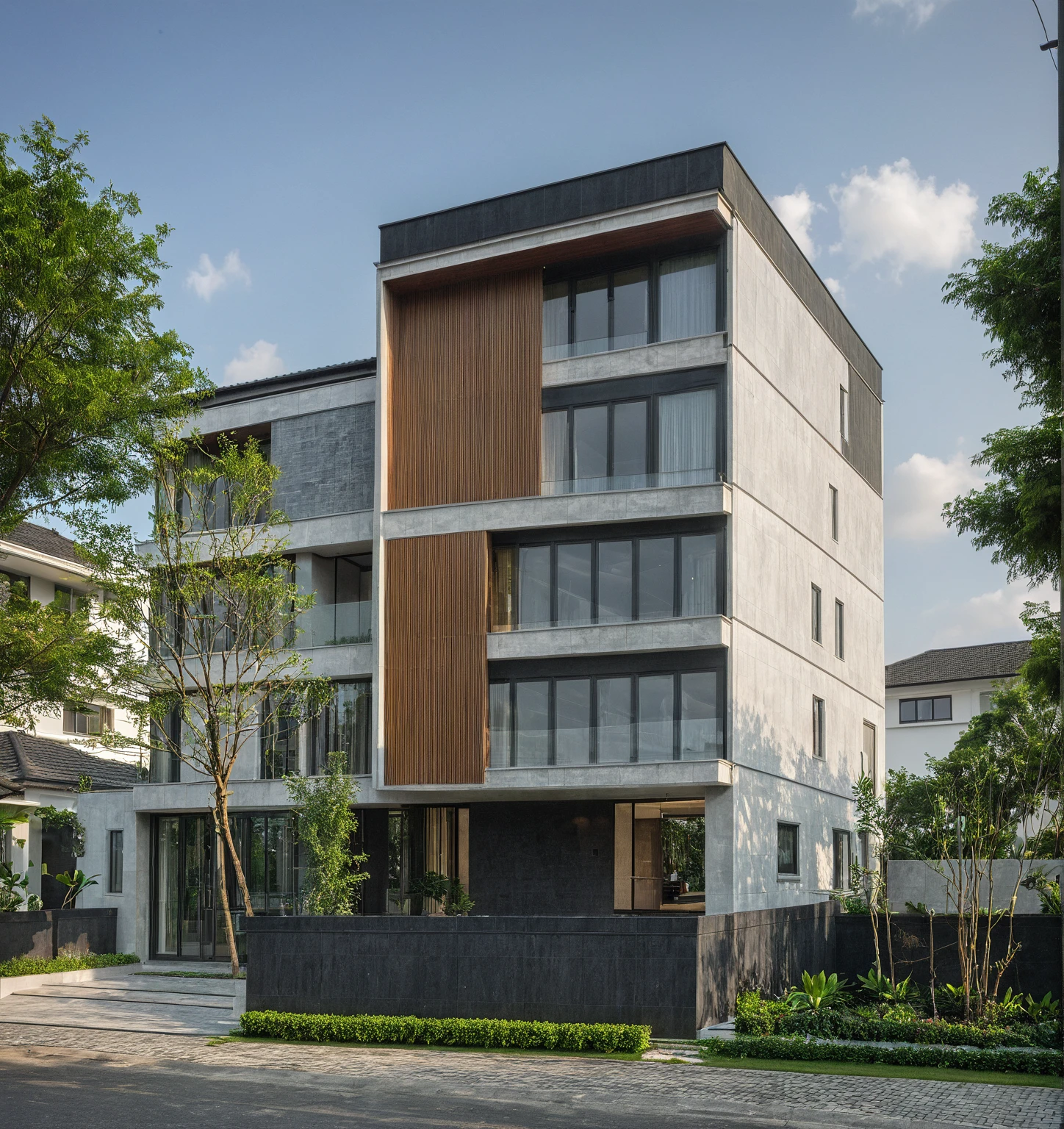 modern villa on street, (daylight), tropical tree, (slope roof, black tiled roof:1.2), vivid color, streetcapes, nice sky, grey tone, large glass door, warm interior lighting, modern material, best quality, ultra realistic, masterpiece, 17ArchiAI_XL_VL-v1