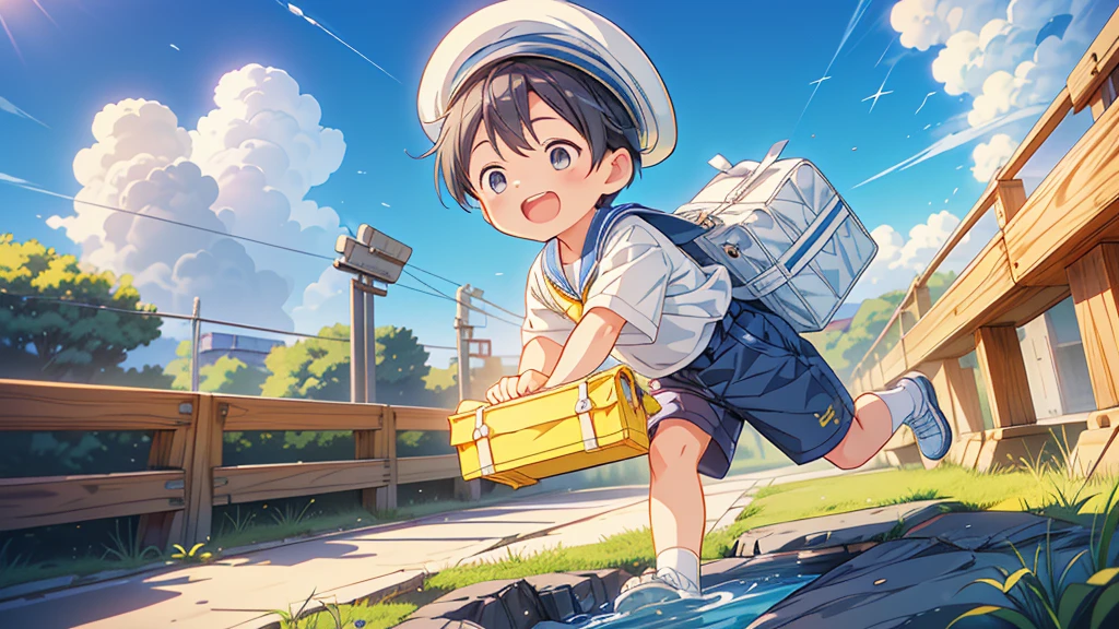 １Little boy、(((Highest quality、Masterpiece、Official Art、The best dynamic composition)))、Anime Style、Very detailed、8K high resolution、Laughing energetically and happily on the kindergarten grounds、The boy is carrying a rectangular yellow bag over his shoulder.、Navy blue sailor suit and navy blue shorts、White socks、Diamond Hat、