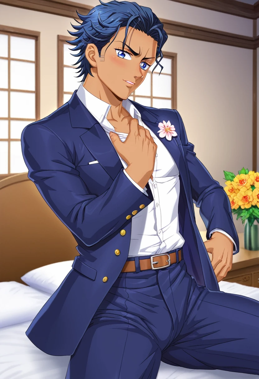 Create a Demon Slayer character, with cinnamon skin, curly, Wear a navy blue suit, a flower hotaku 