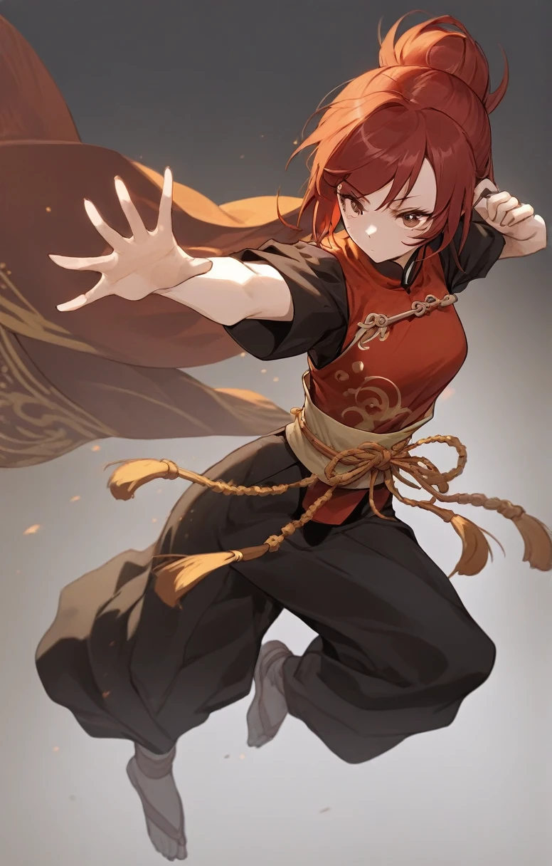 woman, human, adventurer, chinese costume, kung fu, elegant, flat chest, red hair