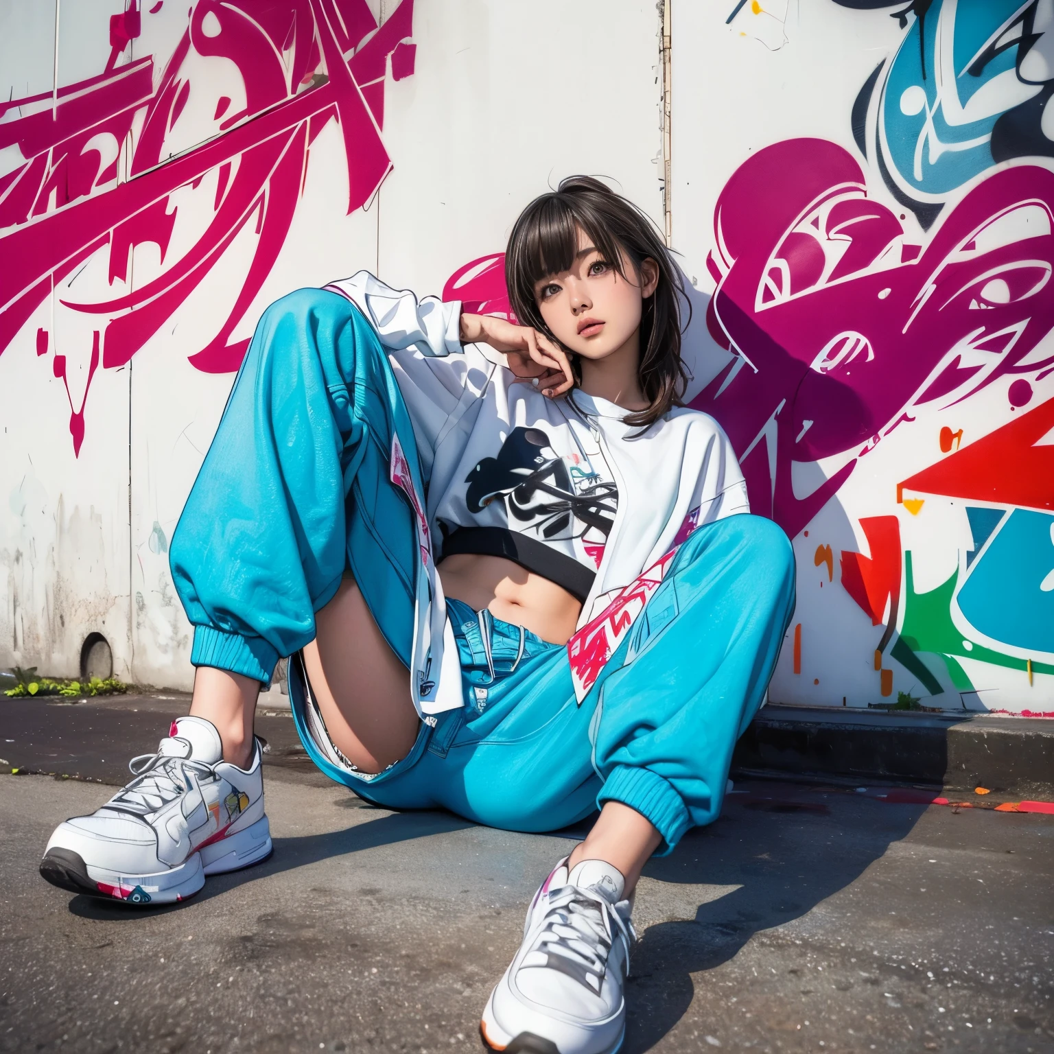 ((masterpiece,best quality;1.3,best illustration)),19 year old beautiful idol, Full color drawing of Hip hop, Hip hop, Hip hop, Hip hop, Loose pants, crop top, lab (((graffiti art) (karen griffith))), On the sea background, crazy details, intricate details, hyper detail , low contrast, Cinematic Soft Light, Exposure Blending, HDR, front, Album cover, unique style, album jacket, A view of a person sitting hiply with their legs stretched out and their shoes visible.,