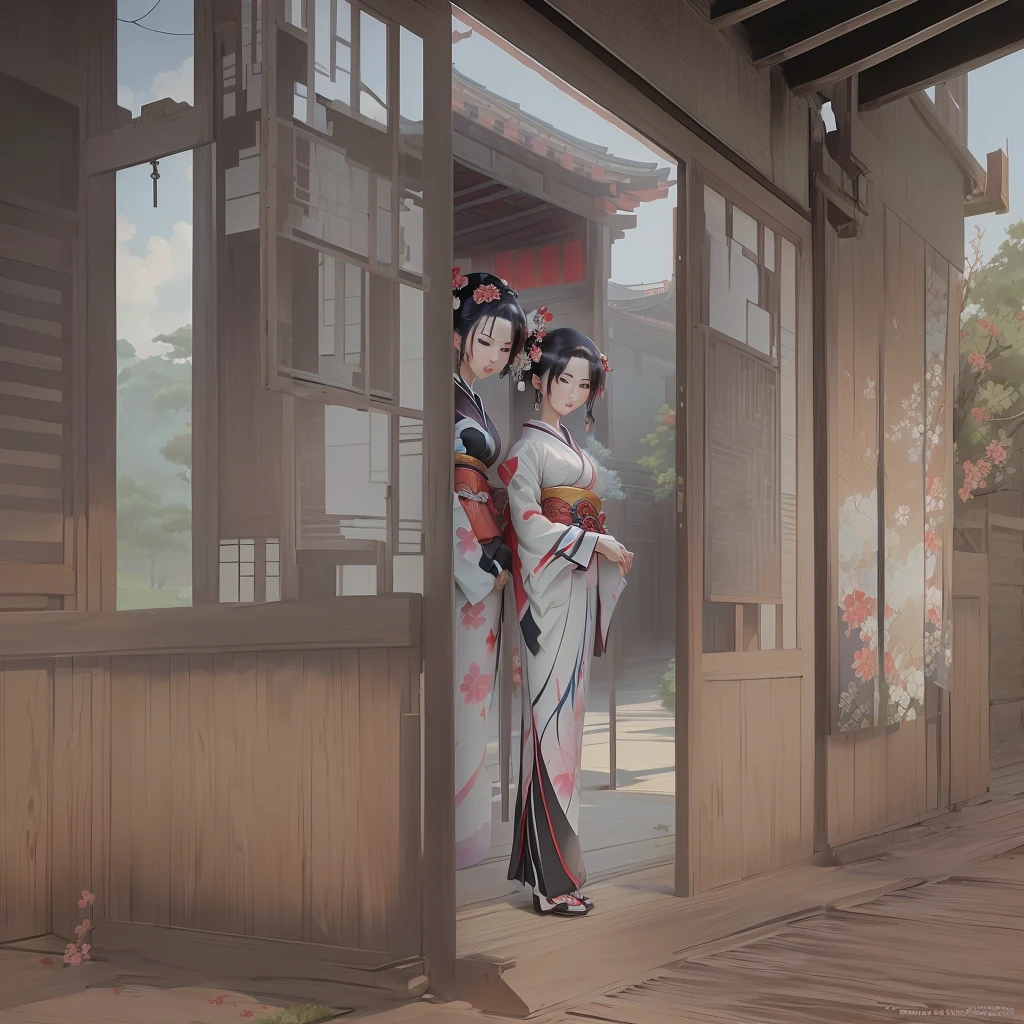 Anime-style scene with kimono-clad women and geisha, Painted in an anime artist&#39;s studio, Created by Anime Painter Studio, artwork in the style of Gwaiz, Zerochan Art, Anime Scene, Singey, by Shimo, Anime Background Art, pixiv Contest Winner, Gwaiz, Gwaiz on pixiv artstationA 17-year-old Japanese girl with vibrant hair colors, long hair, daring hair styling, slender figure, plump cheeks. She embodies the punk rock aesthetic, dressed like a punk rocker with bold attire, large sunglasses, a defiant expression. She stands at 170 centimeters tall, weighs 30 kilograms, wears long boots, with her thighs visible under a red pleated skirt. Adorned with numerous silver accessories. Depict with distinct outlines, using colors other than black for the outlines, using colorful hues for the outlines. She's into girls' rock, punk, Electric guitar, vibrant colors, stages, and backed by a band. An underground clubhouse with colorful lighting amidst the darkness. Colorful candies resembling mountains of treats are plentiful, strewn all around. A tall, well-built man with blonde hair is present, adorned with tattoos, a nose piercing, and a split tongue.
