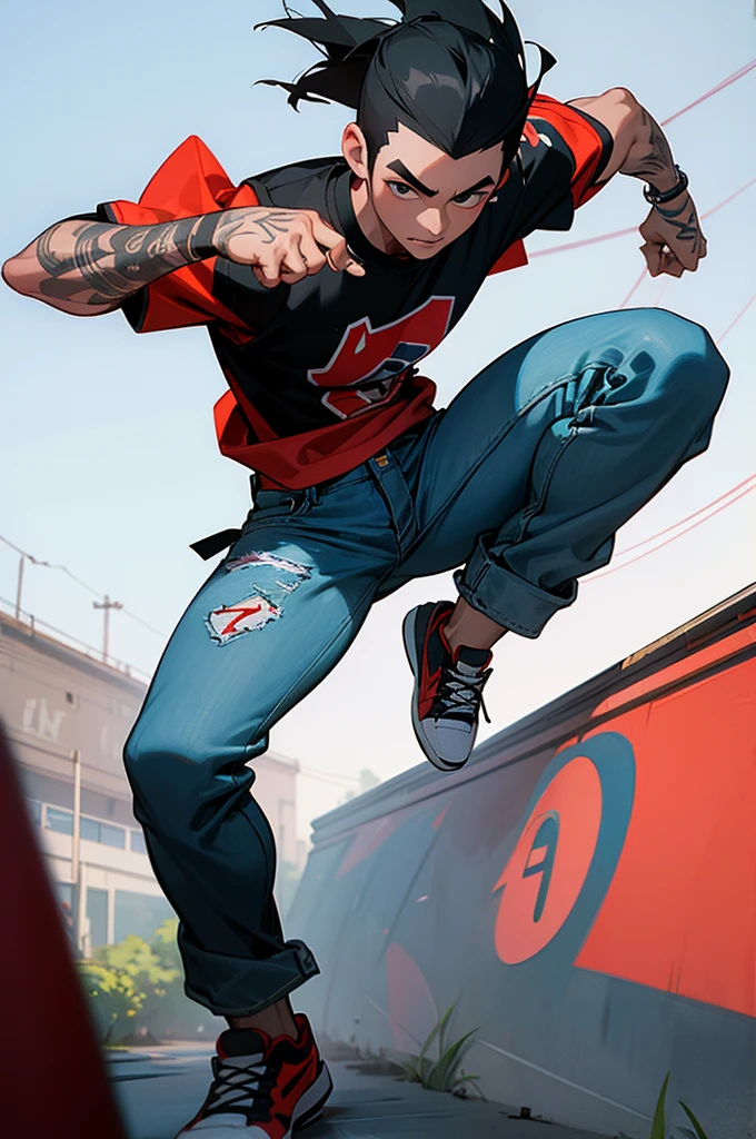 Super Realistic Cartoon, 3D Caricature, Big Head, 25 Year Old Indonesian Male, face clean, Wearing a Basketball T-Shirt, Ripped Denim Jeans, Red and Black Air Jordan Shoes (Original), Holding a Basketball Coolly Under a Basketball Hoop, Left Hand Tattoo, Dynamic Spotlights , Full Background Behind the field in front of the graffiti building in the shape of the number "76", 16K UHD, detail, oil paint, stains, Best Quality, Best Lighting