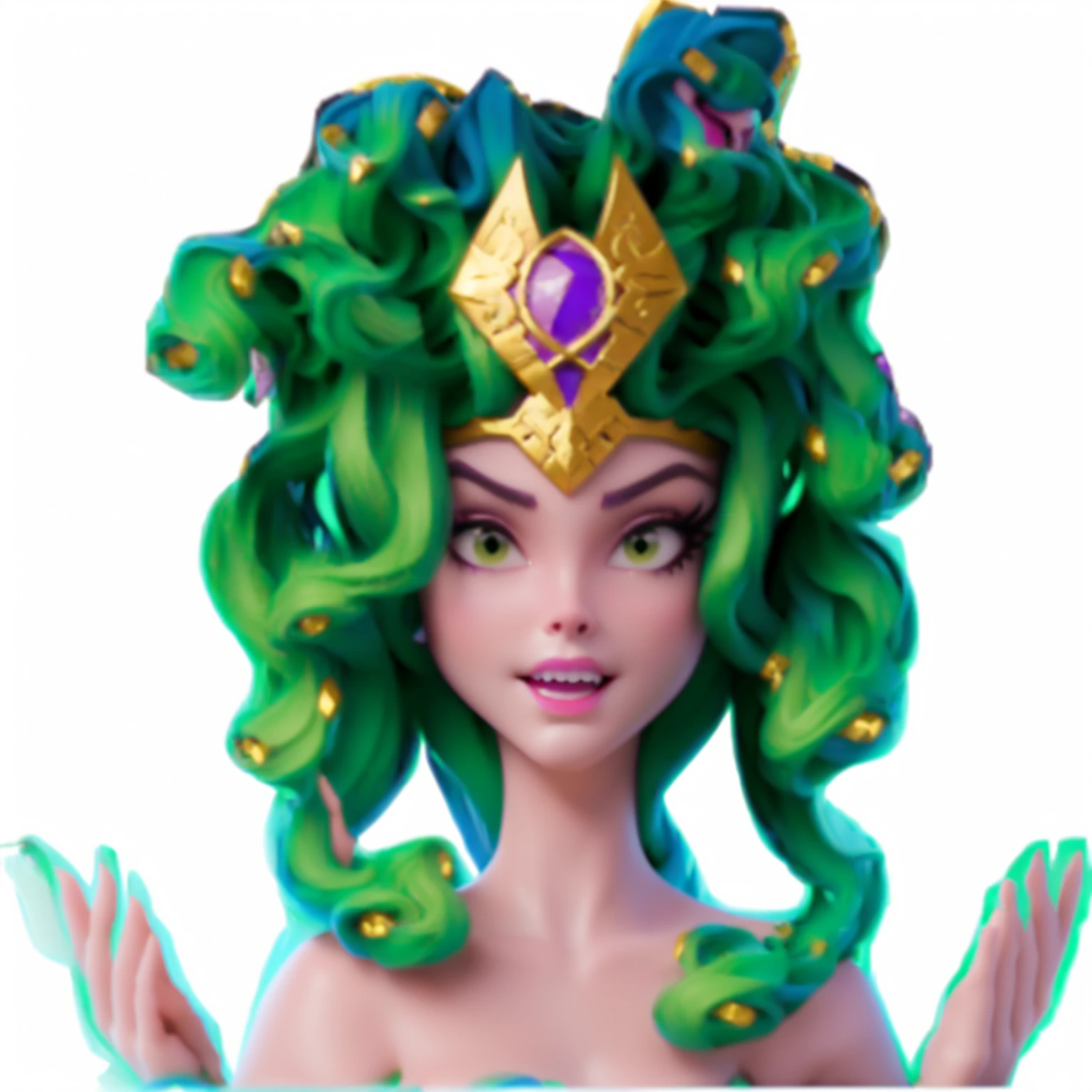 Disney Pixar style，Cartoon，Woman wearing snake head crown, fierce Medusa, Medusa gorgon head, female Medusa long hair, beautiful female gorgon, Medusa head, very sad Medusa, Medusa, portrait of teenage Medusa, gorgon, torquoise fantasy fanged Medusa, long flowing Medusa hair, portrait of Medusa, Epic 3D Yemaya, male Medusa