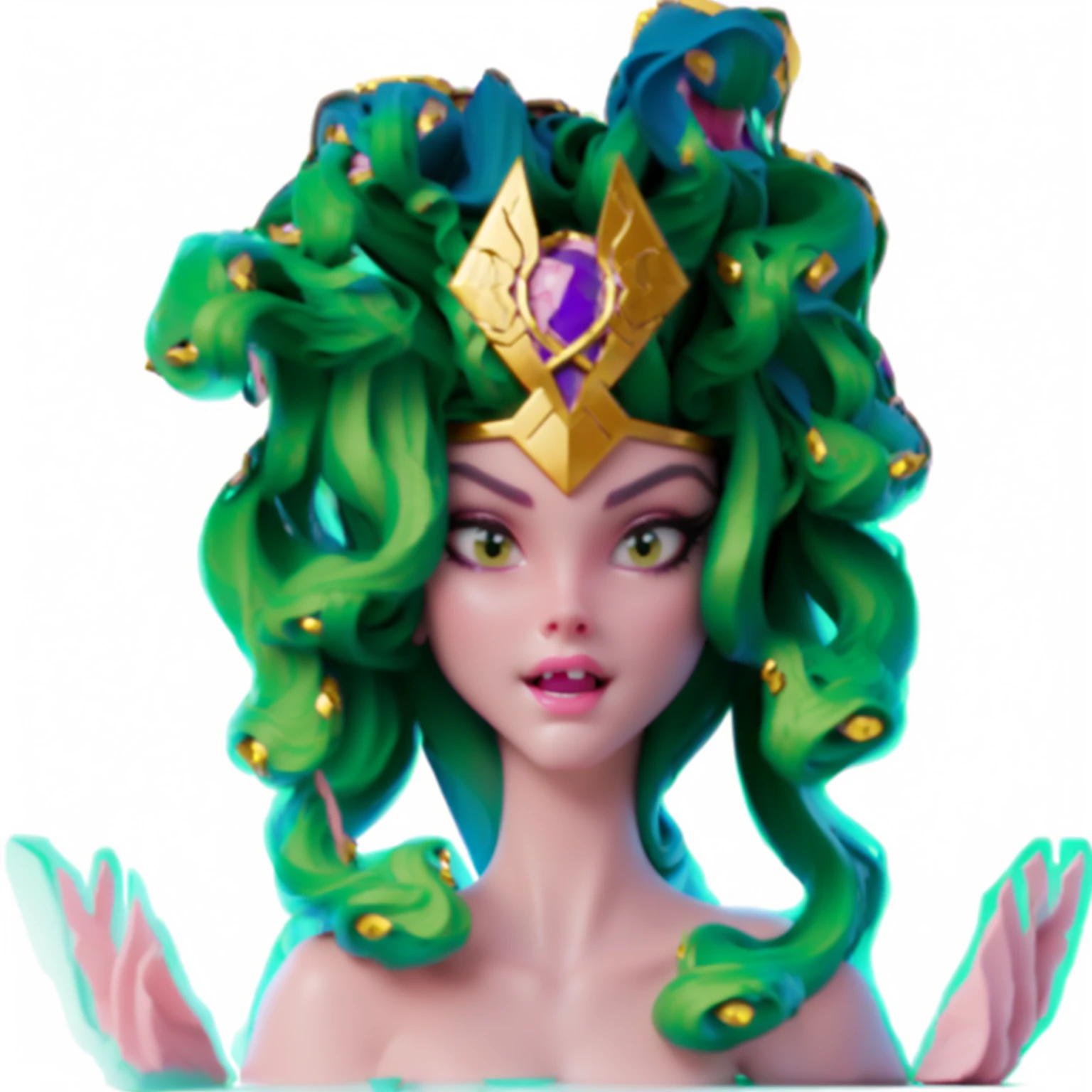 Disney Pixar style,Cartoon,Woman wearing snake head crown, fierce Medusa, Medusa gorgon head, female Medusa long hair, beautiful female gorgon, Medusa head, very sad Medusa, Medusa, portrait of teenage Medusa, gorgon, torquoise fantasy fanged Medusa, long flowing Medusa hair, portrait of Medusa, Epic 3D Yemaya, male Medusa