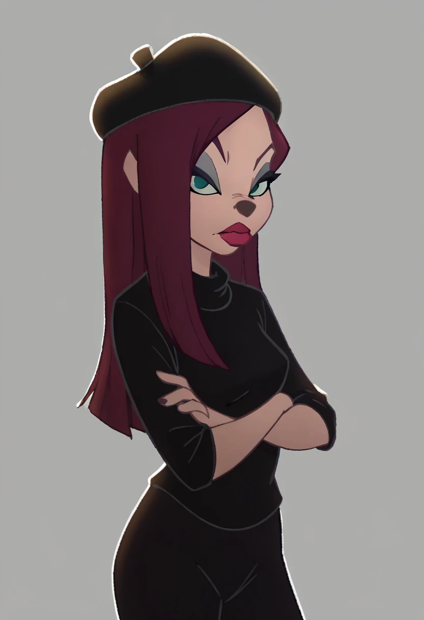 beretgirl, 1girl, long hair, beret, solo, purple hair, makeup, lipstick, black shirt, black pants, green eyes, looking at viewer, score_9, score_8_up, score_7_up, score_6_up, score_5_up, score_4_up, simple background, crossed arms,