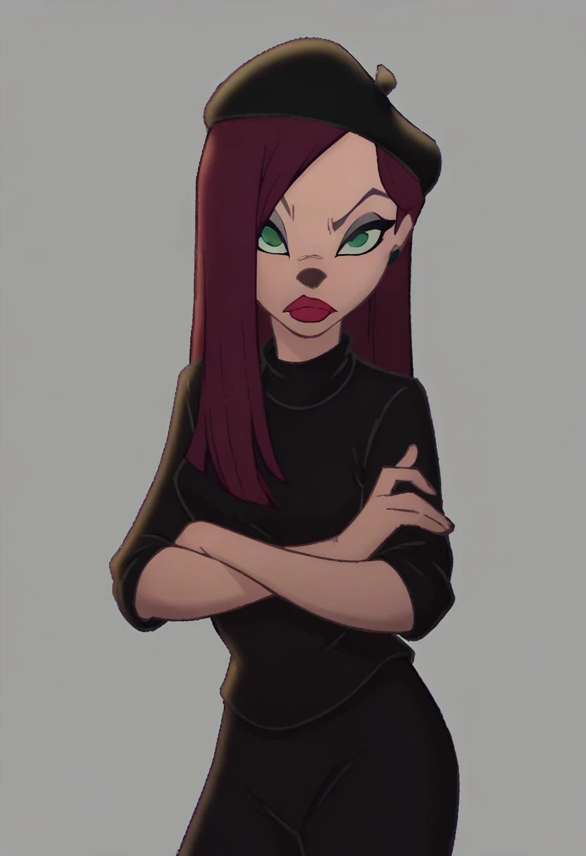 beretgirl, 1girl, long hair, beret, solo, purple hair, makeup, lipstick, black shirt, black pants, green eyes, looking at viewer, score_9, score_8_up, score_7_up, score_6_up, score_5_up, score_4_up, simple background, crossed arms,