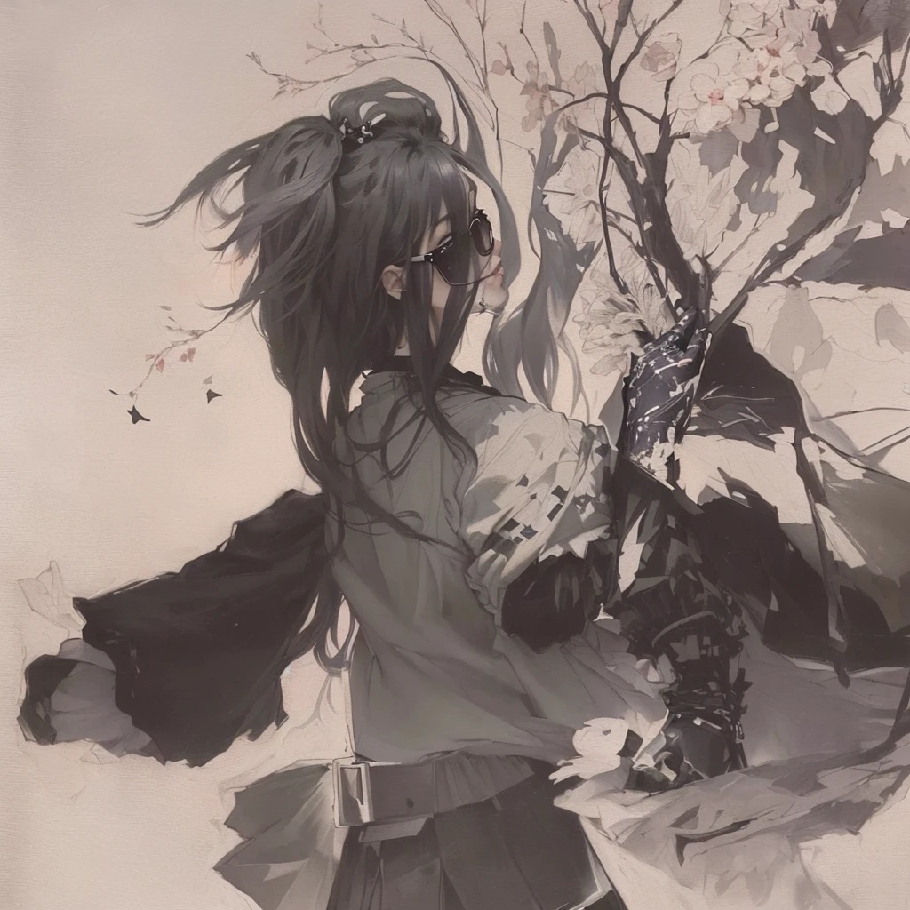 A picture of a woman holding a bouquet of flowers in her hands, inspired by Dorothea Tanning, David Mack, Inspired by Yoji Shinkawa, or Shinkawa, カラウォーカー James Jean, Shin Jinyoung Art, Inspired by Ashley Wood, Inspired by Amano, amano yoshitaka, James Jean、新川洋二A 17-year-old Japanese girl with vibrant hair colors, long hair, daring hair styling, slender figure, plump cheeks. She embodies the punk rock aesthetic, dressed like a punk rocker with bold attire, large sunglasses, a defiant expression. She stands at 170 centimeters tall, weighs 30 kilograms, wears long boots, with her thighs visible under a red pleated skirt. Adorned with numerous silver accessories. Depict with distinct outlines, using colors other than black for the outlines, using colorful hues for the outlines. She's into girls' rock, punk, Electric guitar, vibrant colors, stages, and backed by a band. An underground clubhouse with colorful lighting amidst the darkness. Colorful candies resembling mountains of treats are plentiful, strewn all around. A tall, well-built man with blonde hair is present, adorned with tattoos, a nose piercing, and a split tongue.
